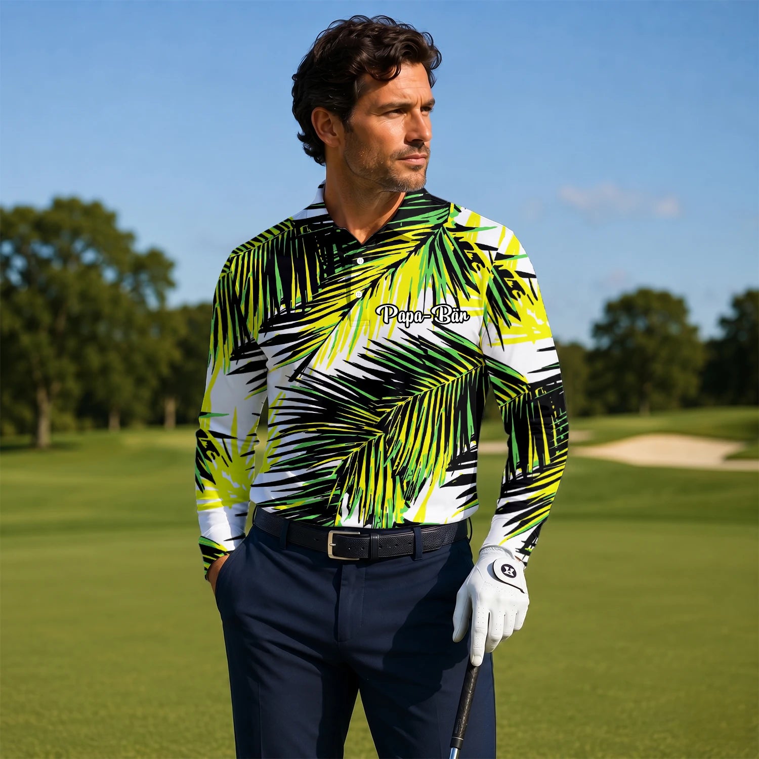Personalisiertes Golf Poloshirt Schwarz Limettengrünes Tropisches Palmenblätter Design für Herren R3070