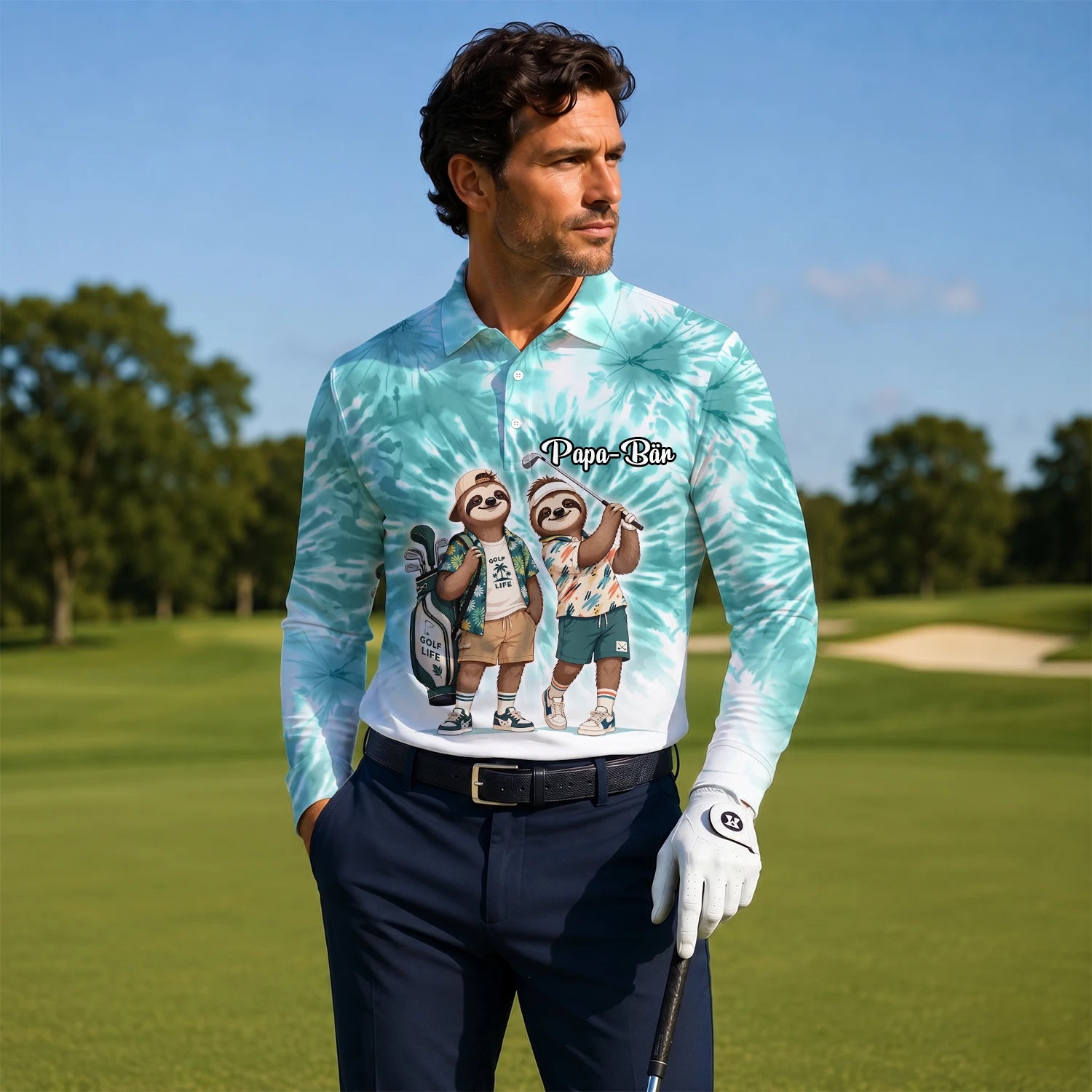 Personalisiertes Golf Poloshirt Türkis Faultier Golfer Cartoon Design für Herren C1614