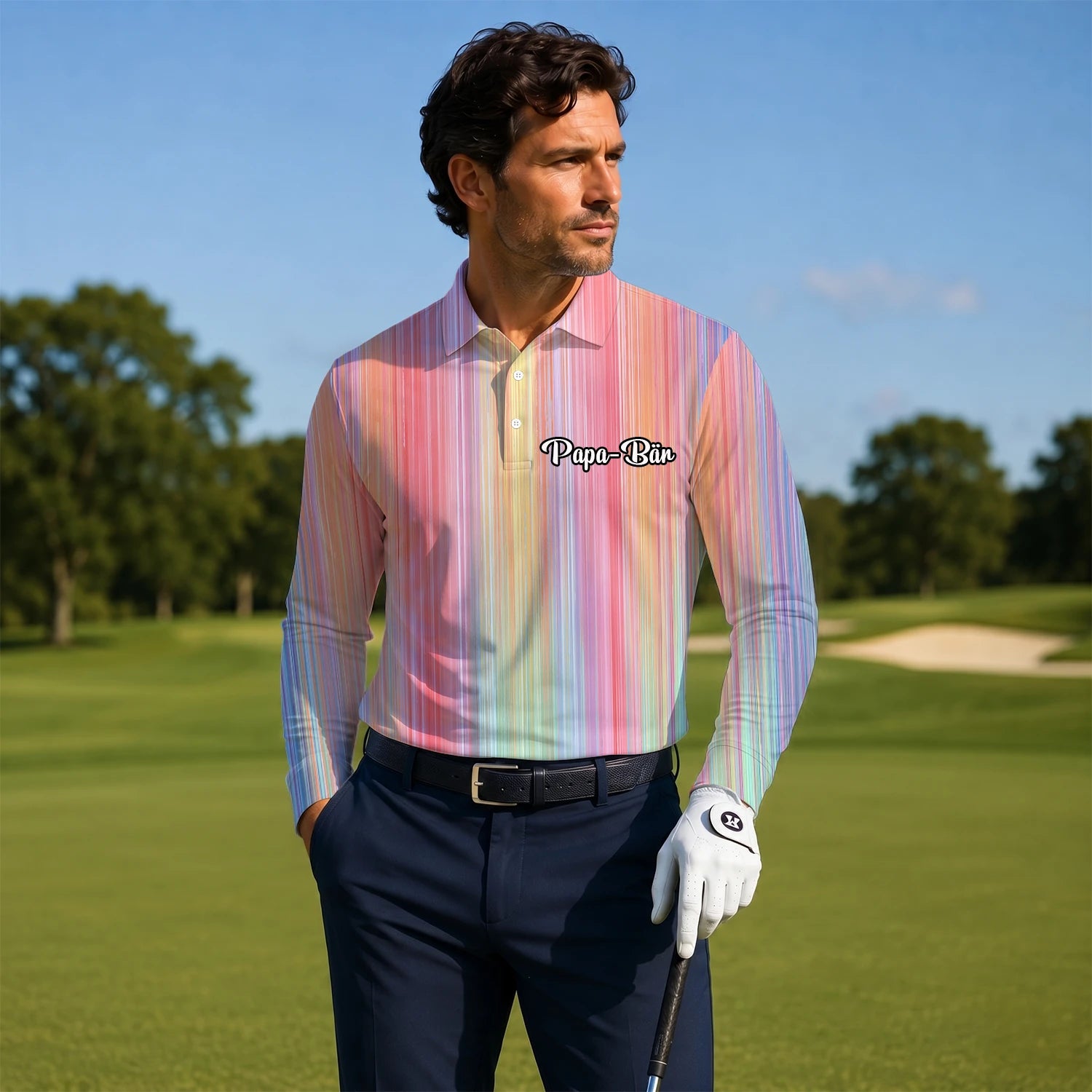 Personalisiertes Golf Poloshirt Pastell Regenbogen Streifen Design für Herren C5307