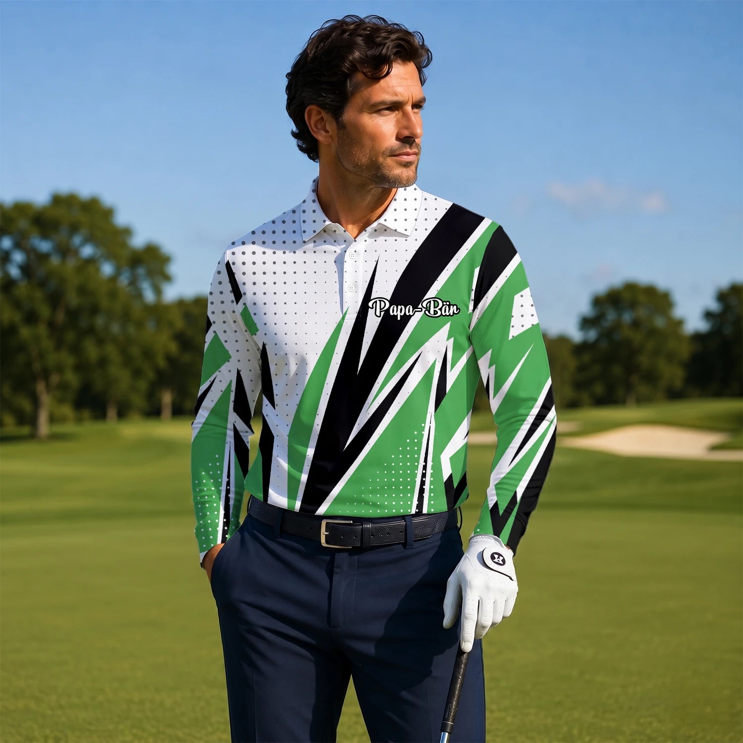 Personalisiertes Golf Poloshirt Weiß Grün Schwarzes Abstraktes Streifen Design für Herren C9494