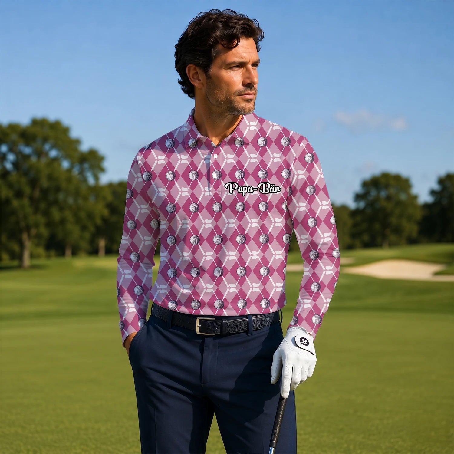 Personalisiertes Golf Poloshirt Rosa Rauten Golfball Design für Herren X0000