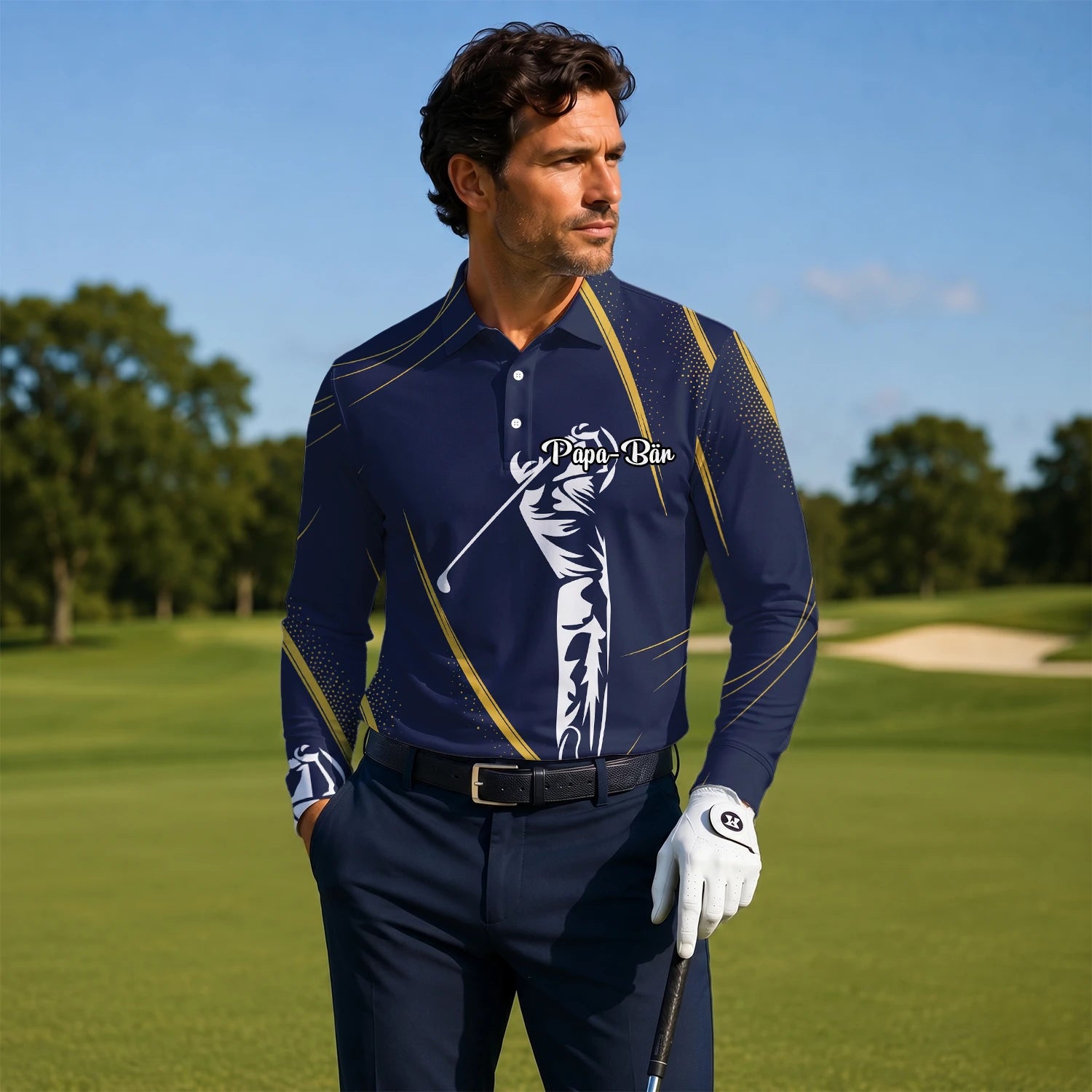 Personalisiertes Golf Poloshirt Marineblau Goldenes Golfer Schwung Silhouetten Design für Herren A1639