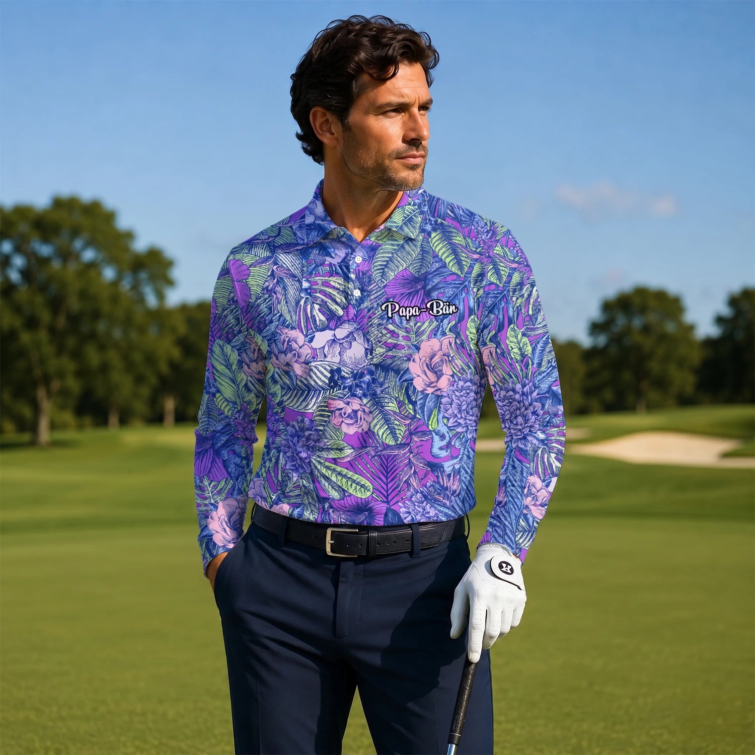 Personalisiertes Golf Poloshirt Lila Blaues Tropisches Blumen Blätter Design für Herren B8037