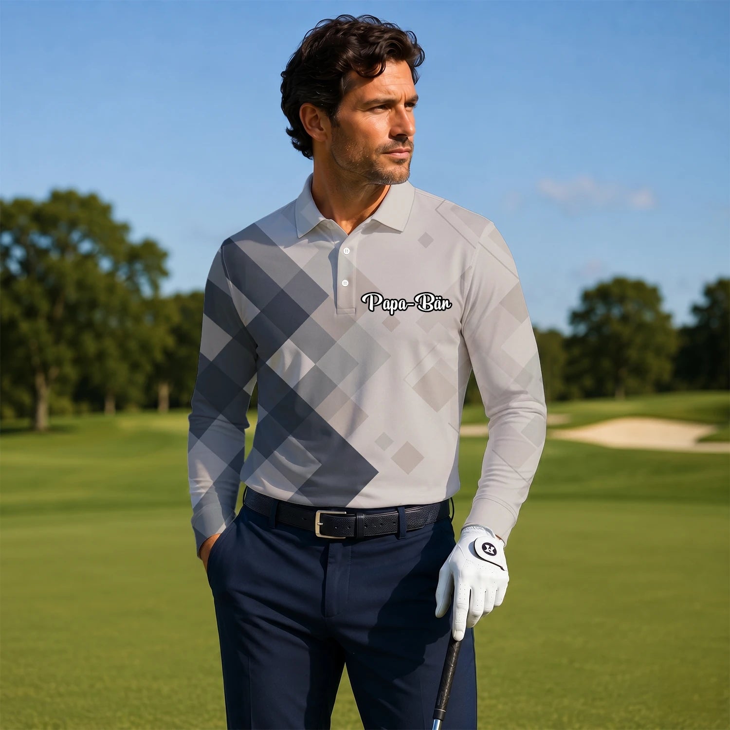 Personalisiertes Golf Poloshirt Beige Graues Rauten Muster für Herren Z6499