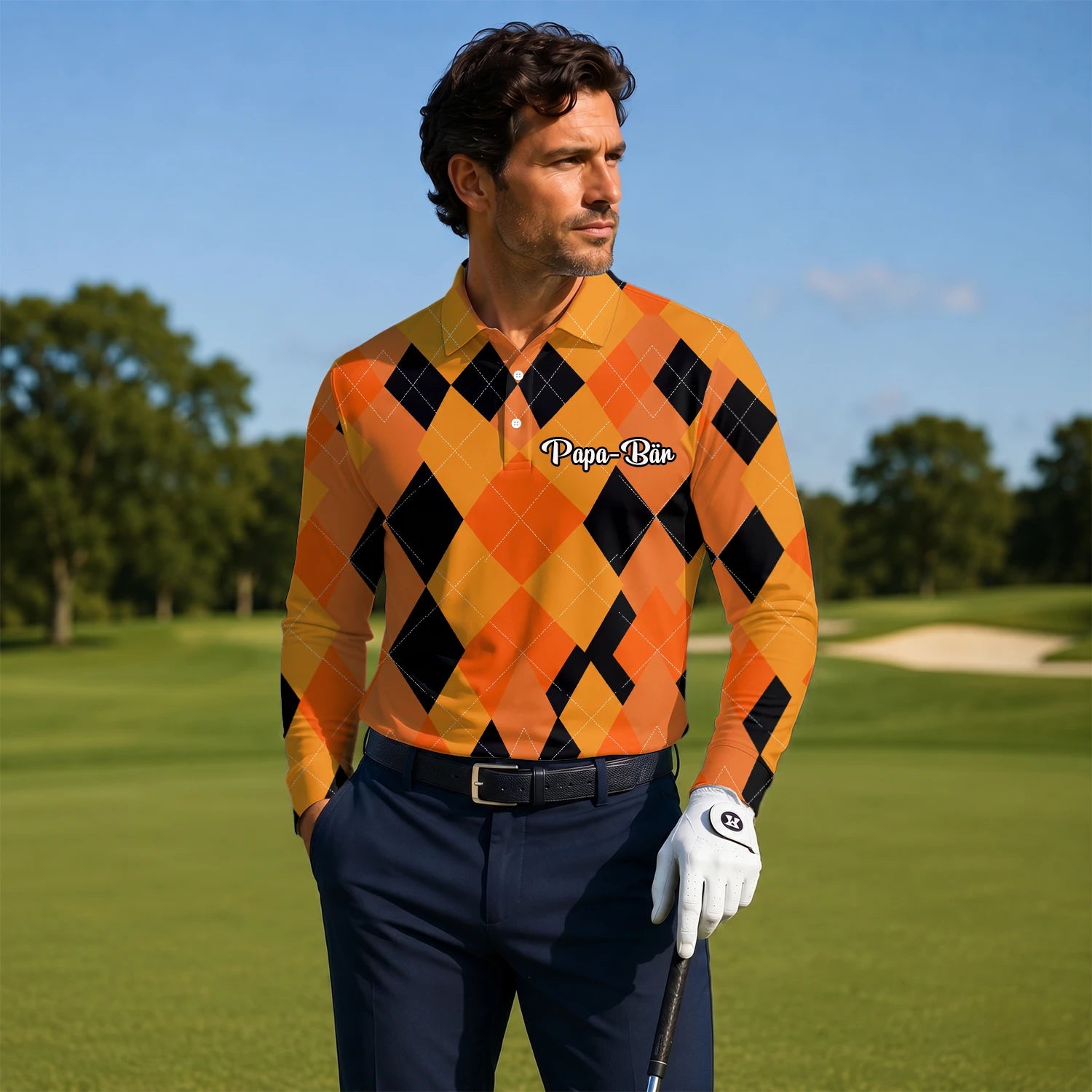 Personalisiertes Golf Poloshirt Orange Schwarzes Rauten Muster für Herren C4203