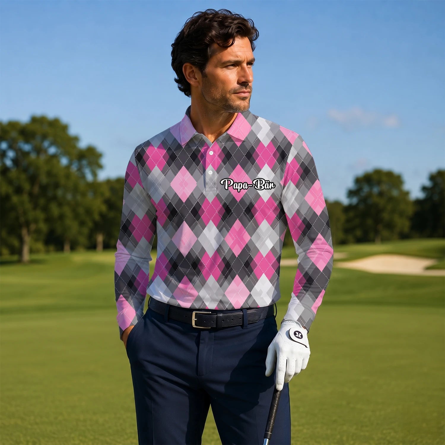 Personalisiertes Golf Poloshirt Rosa Graues Rauten Muster für Herren Z9376
