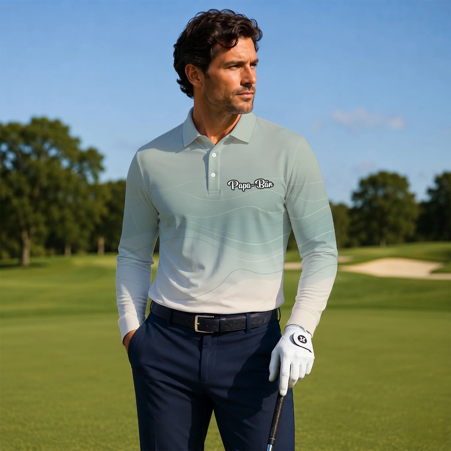 Personalisiertes Golf Poloshirt Salbeigrün Beiges Abstraktes Wellen Design für Herren X8036
