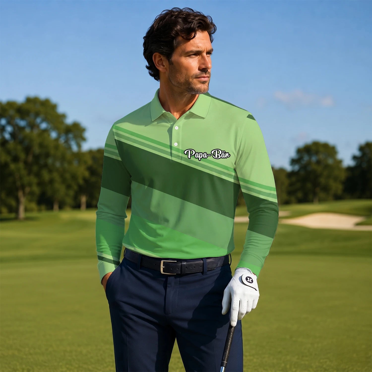 Personalisiertes Golf Poloshirt Hellgrünes Geometrisches Streifen Design für Herren S1599