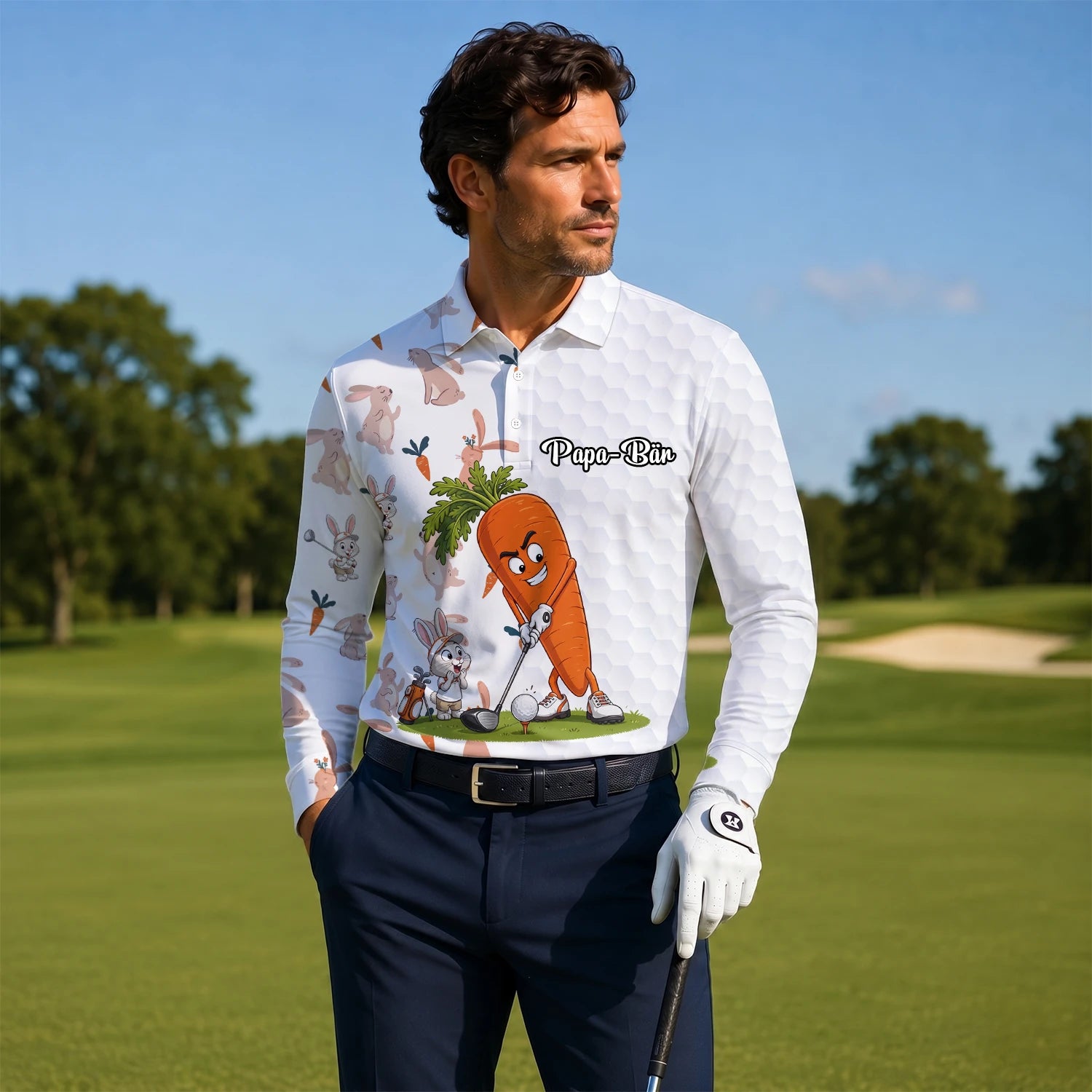 Personalisiertes Golf Poloshirt Weiß Karotten Hase Golfer Cartoon Design für Herren Y6359