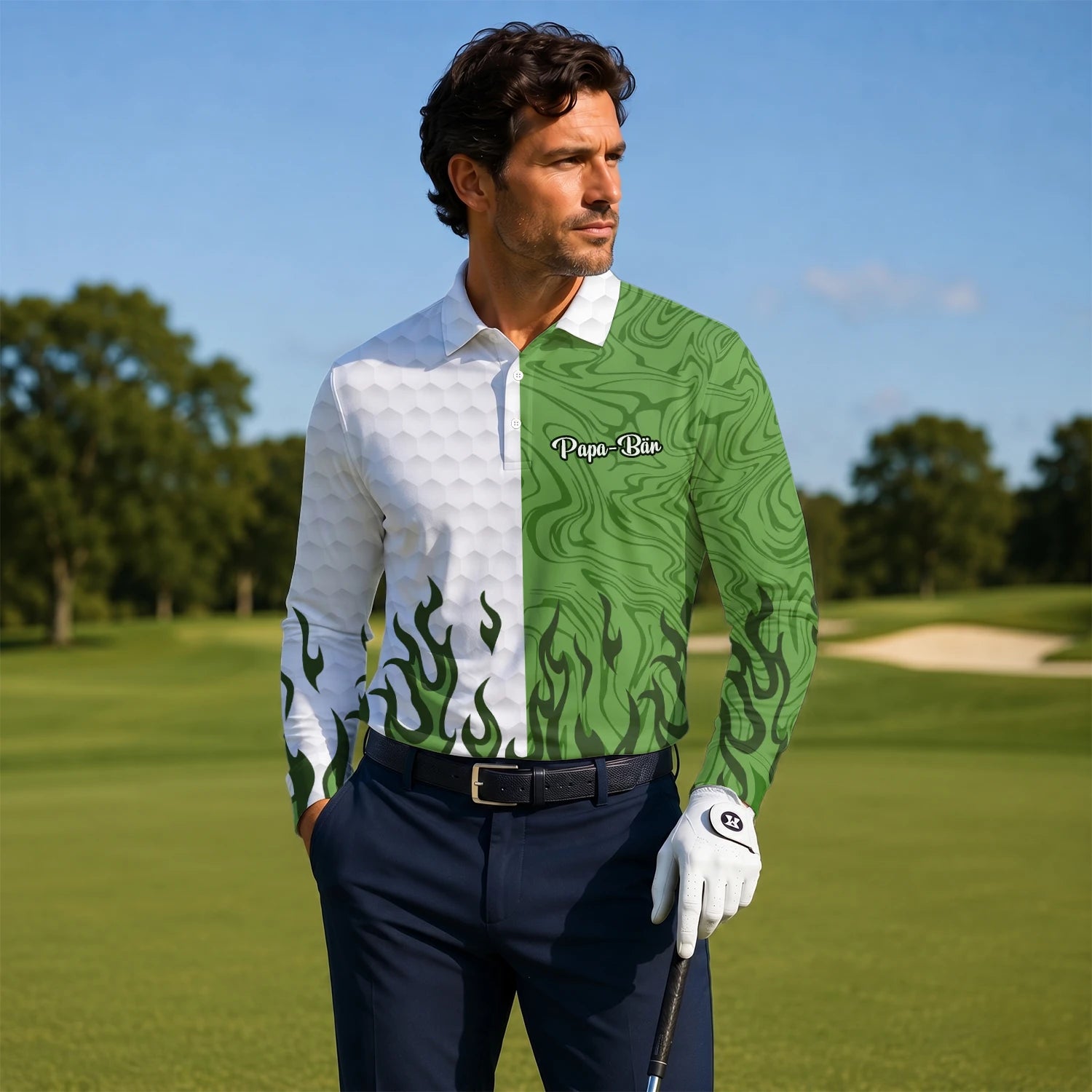 Personalisiertes Golf Poloshirt Weiß Grünes Flammen Marmor Design für Herren D2353