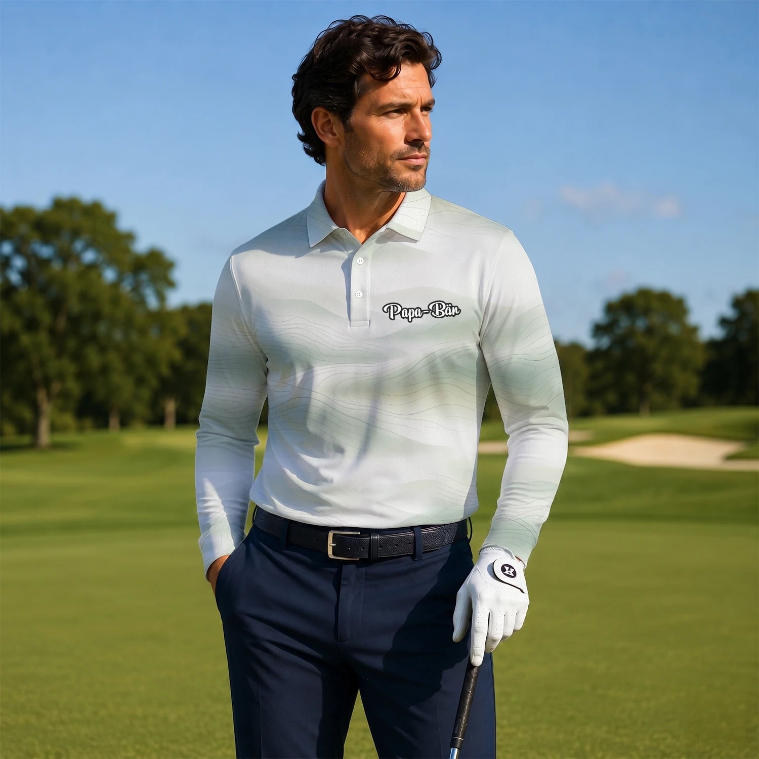 Personalisiertes Golf Poloshirt Weiß Salbeigrünes Abstraktes Wellen Design für Herren F8070