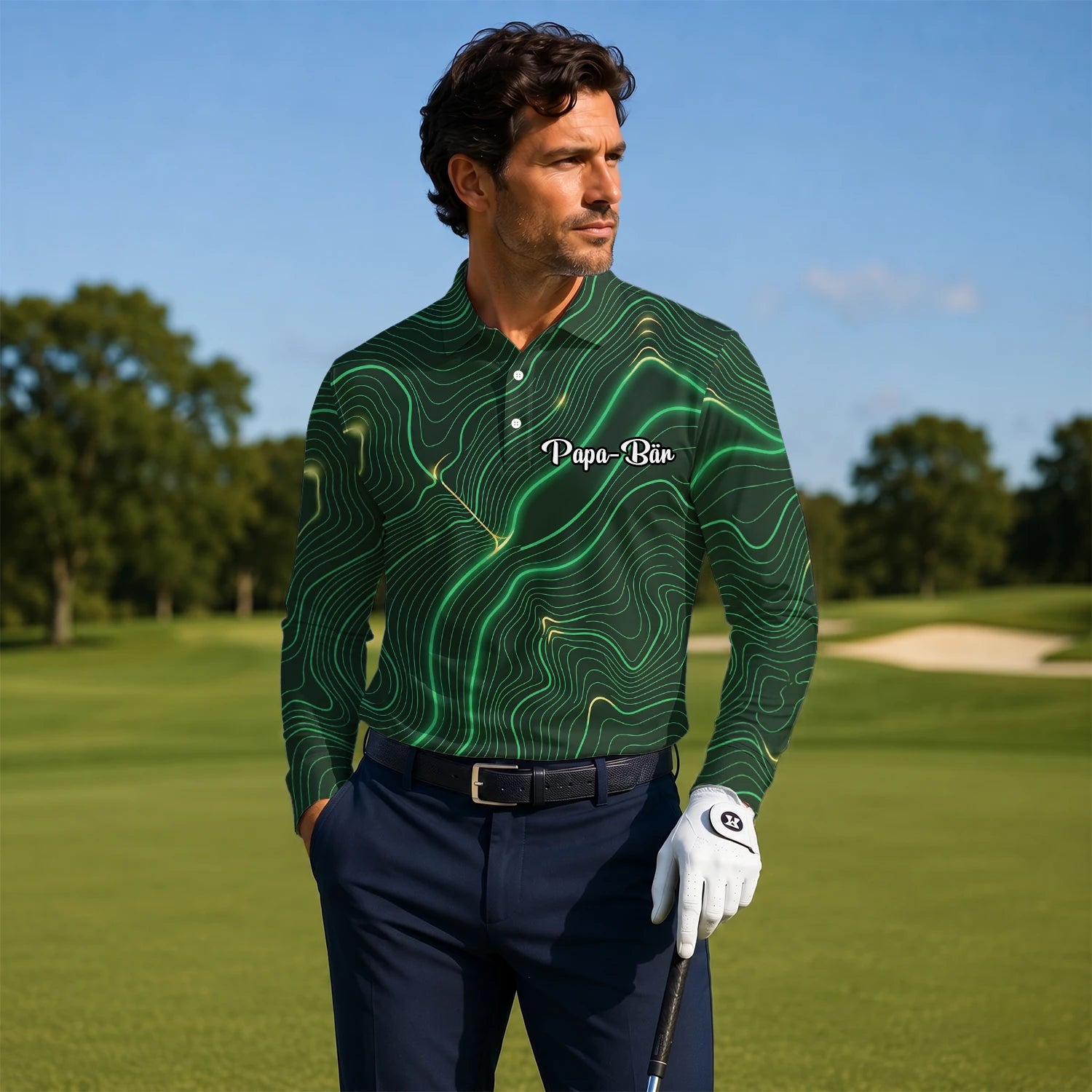 Personalisiertes Golf Poloshirt Grün Schwarzes Topografisches Linien Design für Herren E4992