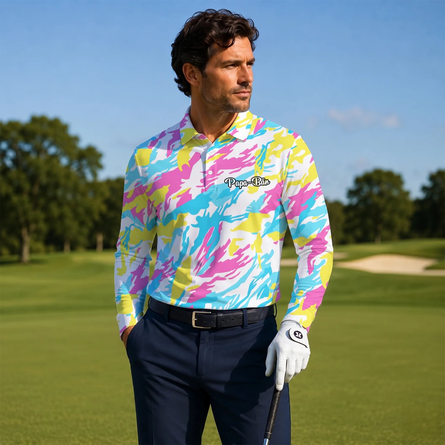 Personalisiertes Golf Poloshirt Pastell Regenbogen Camo Design für Herren F0280