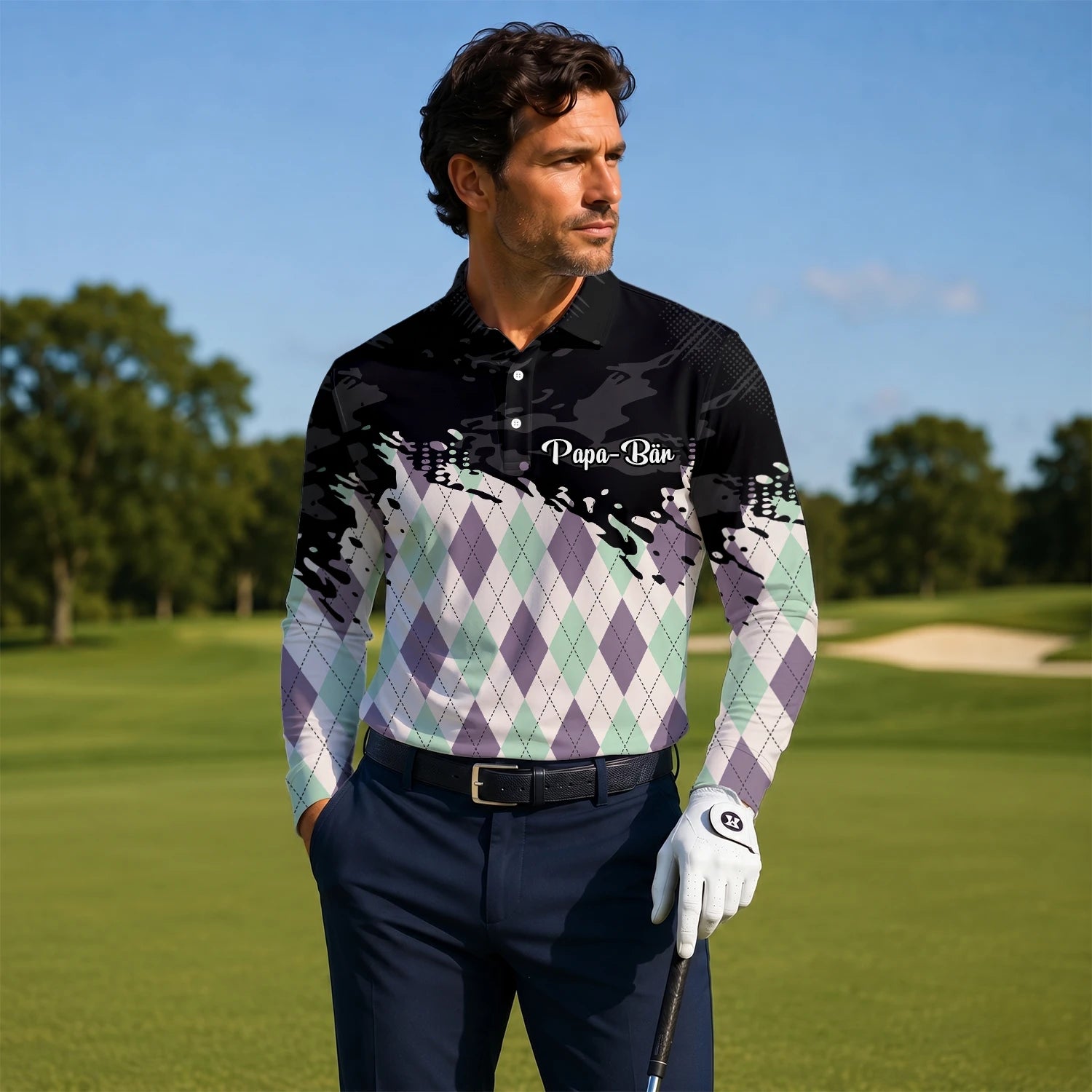 Personalisiertes Golf Poloshirt Schwarz Mint Lila Rauten Farbklecks Design für Herren C5124