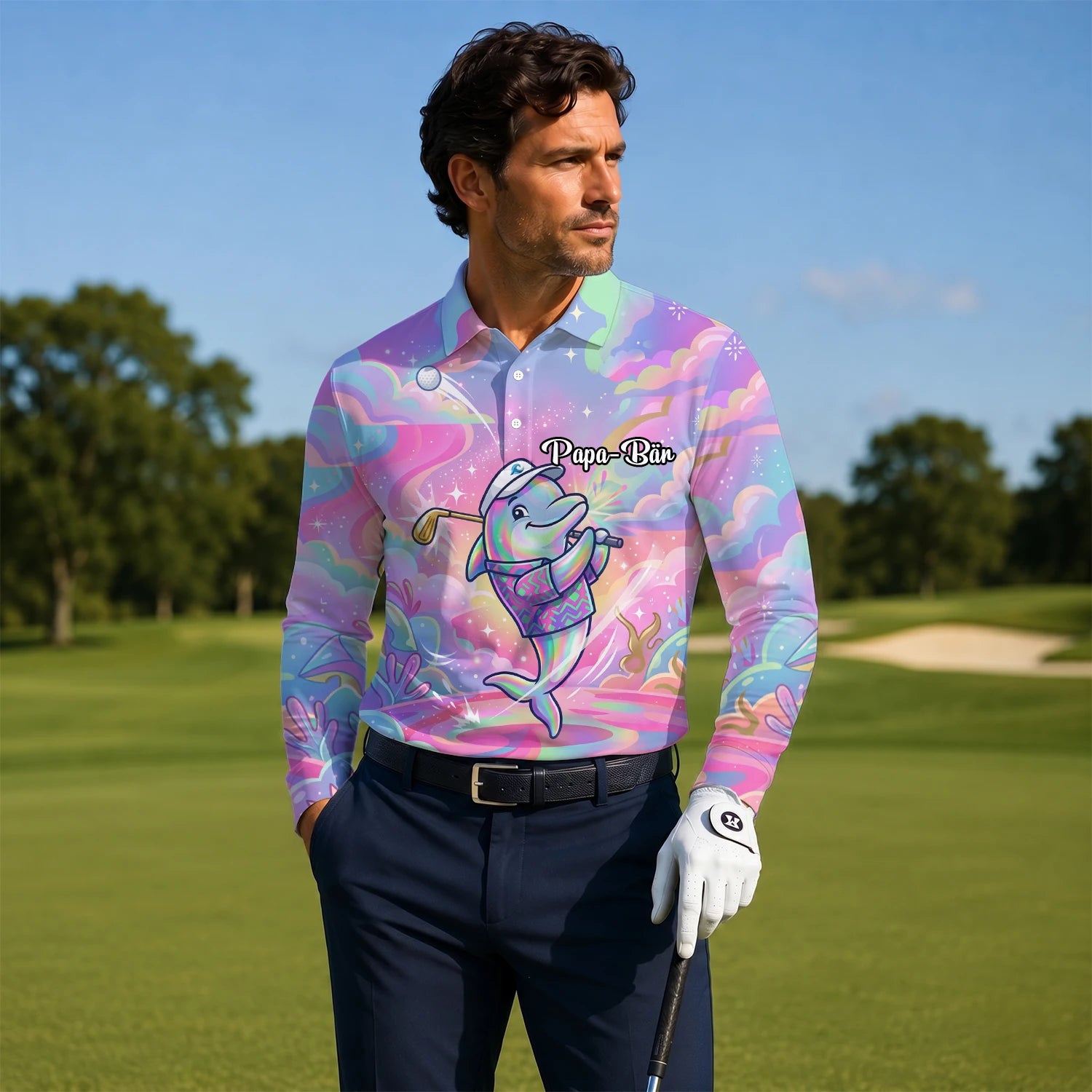 Personalisiertes Golf Poloshirt Pastell Regenbogen Delfin Golfer Cartoon Design für Herren L3862