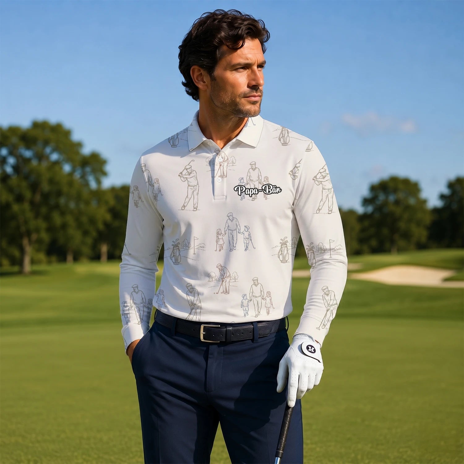 Personalisiertes Golf Poloshirt Beige Vintage Golfspieler Skizzen Design für Herren D6556