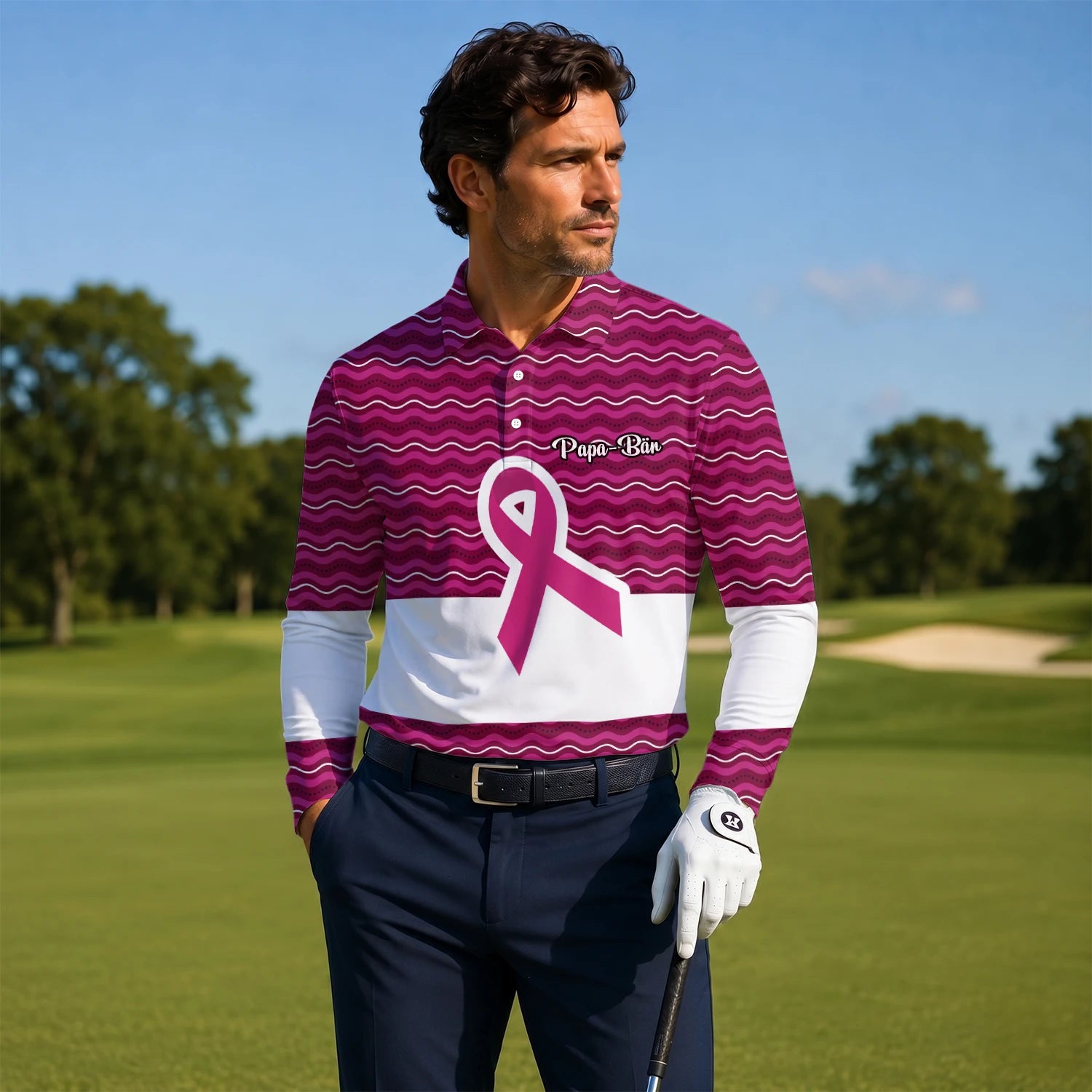 Personalisiertes Golf Poloshirt Rosa Brustkrebs Awareness Schleifen Wellen Design für Herren B1640