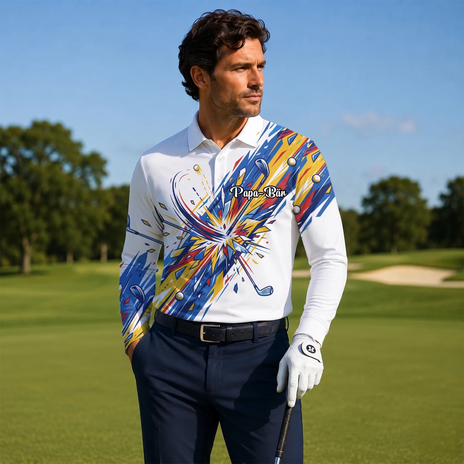 Personalisiertes Golf Poloshirt Weiß Blaues Golf Schwung Grafik Design für Herren B2869
