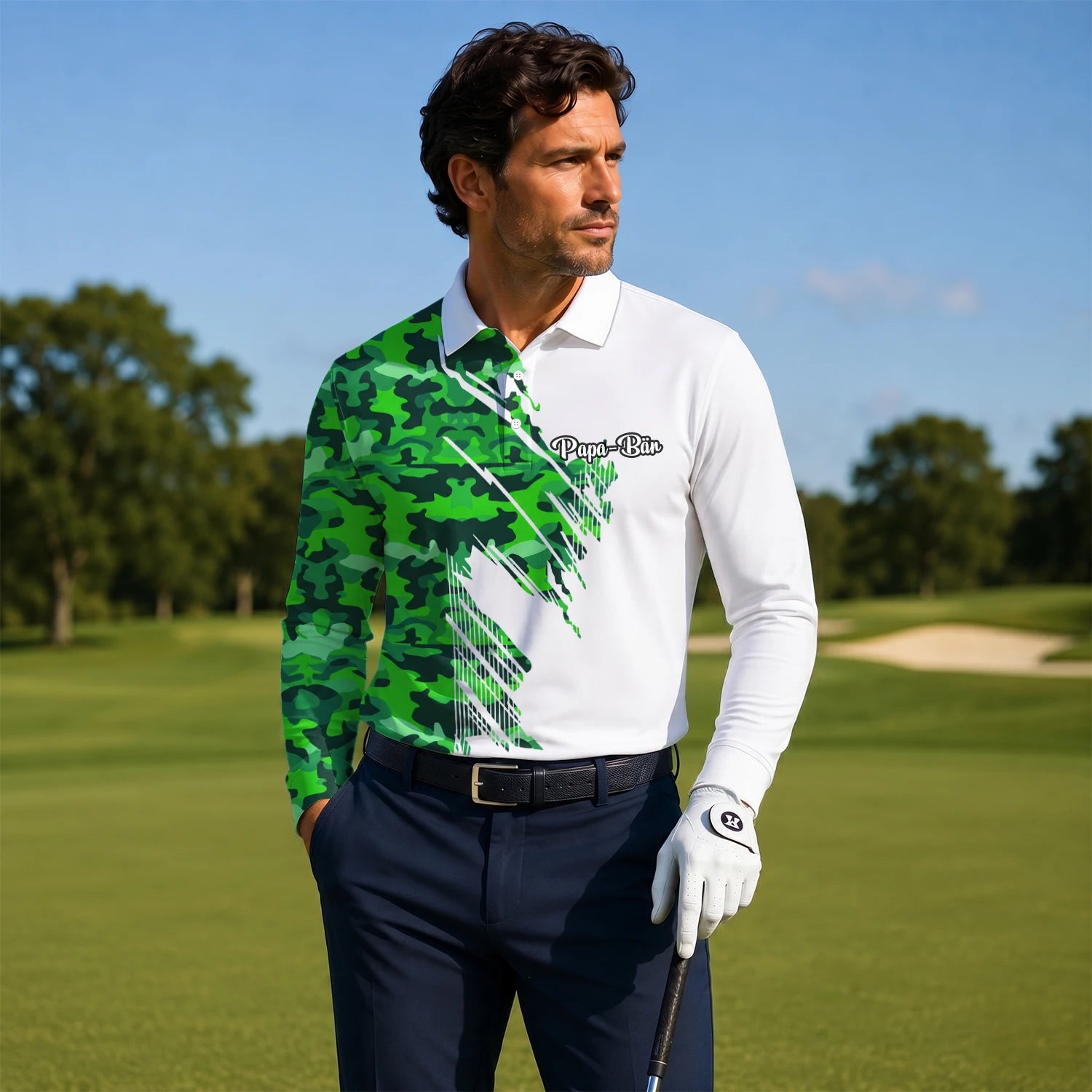 Personalisiertes Golf Poloshirt Weiß Grünes Camo Pinselstreifen Design für Herren E9788