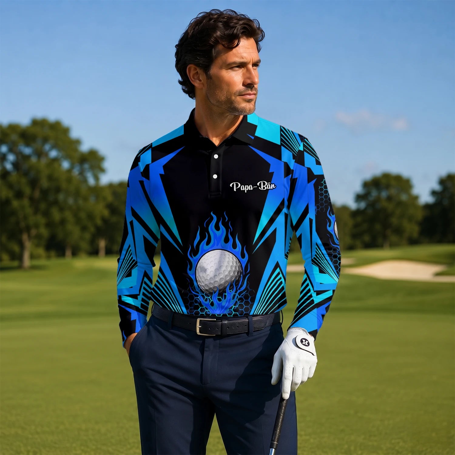 Personalisiertes Golf Poloshirt Schwarz Blaues Golfball Flammen Design für Herren Y8576