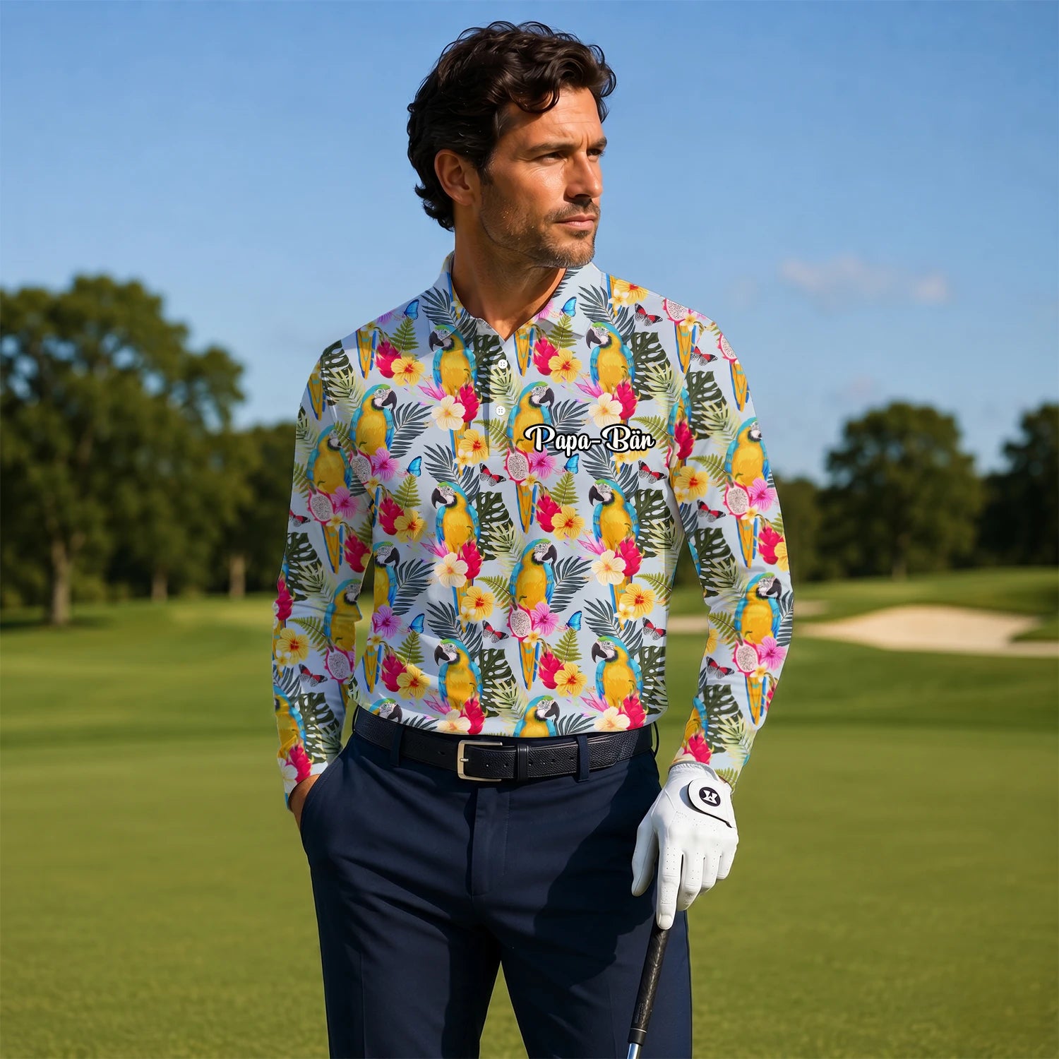 Personalisiertes Golf Poloshirt Creme Gelbes Tropisches Papagei Hibiskus Design für Herren V2558
