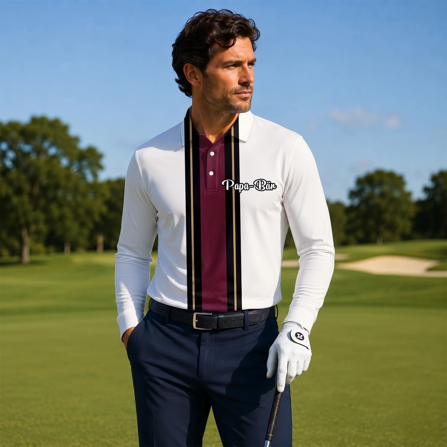 Personalisiertes Golf Poloshirt Weiß Bordeaux Schwarzes Rennstreifen Design für Herren G7028