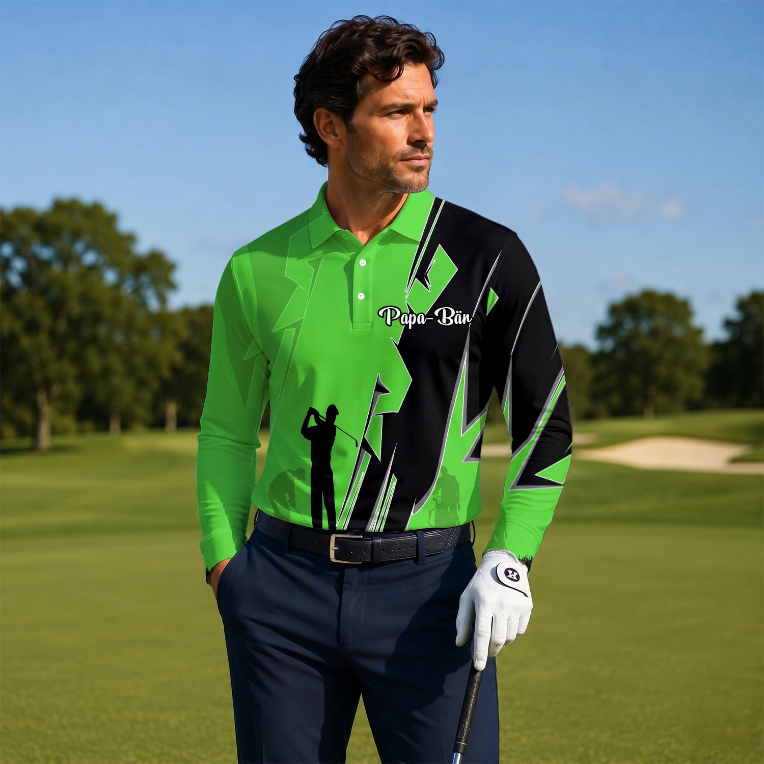 Personalisiertes Golf Poloshirt Limettengrünes Golfer Silhouetten Blitz Design für Herren V5316
