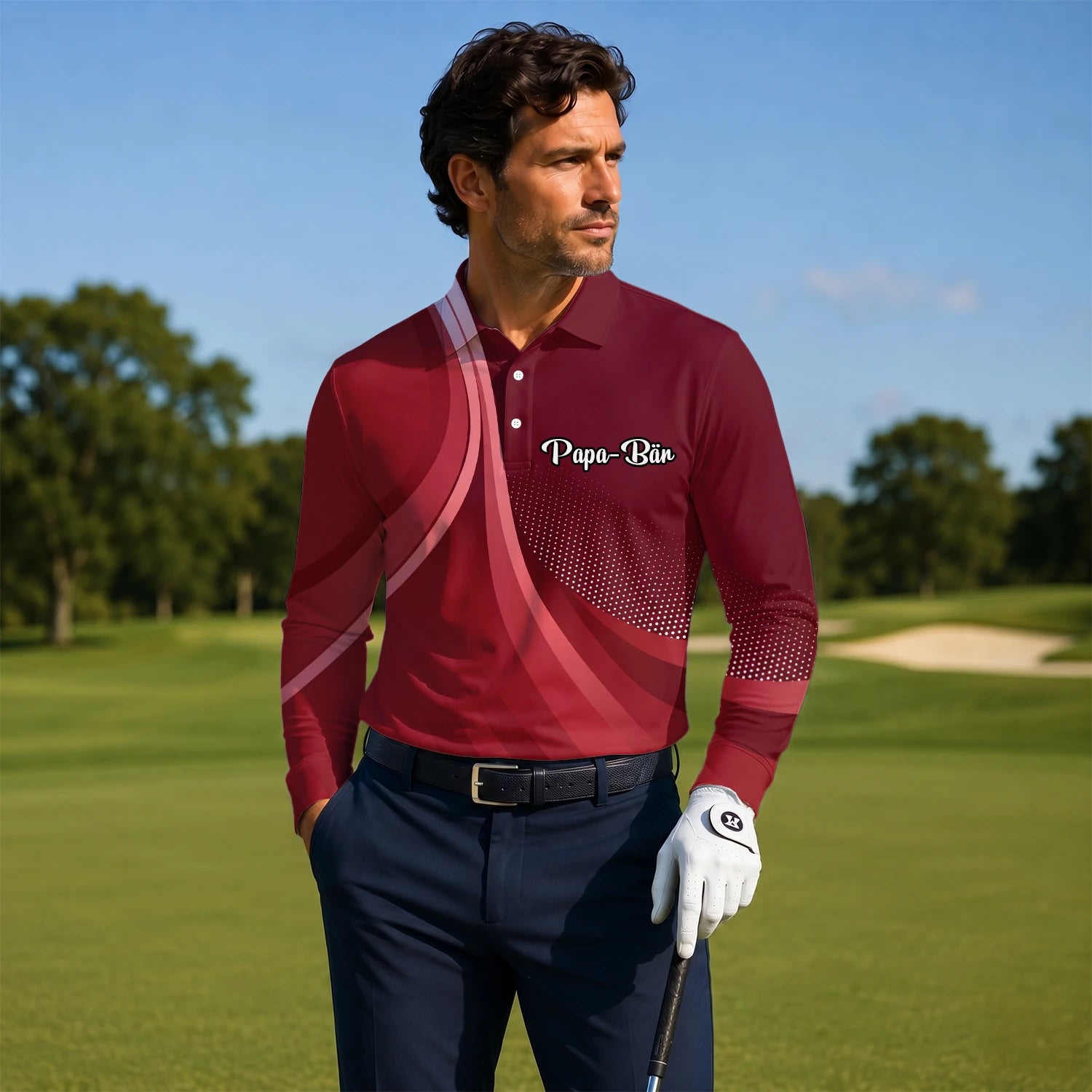 Personalisiertes Golf Poloshirt Bordeaux Rotes Abstraktes Wellen Design für Herren B4612
