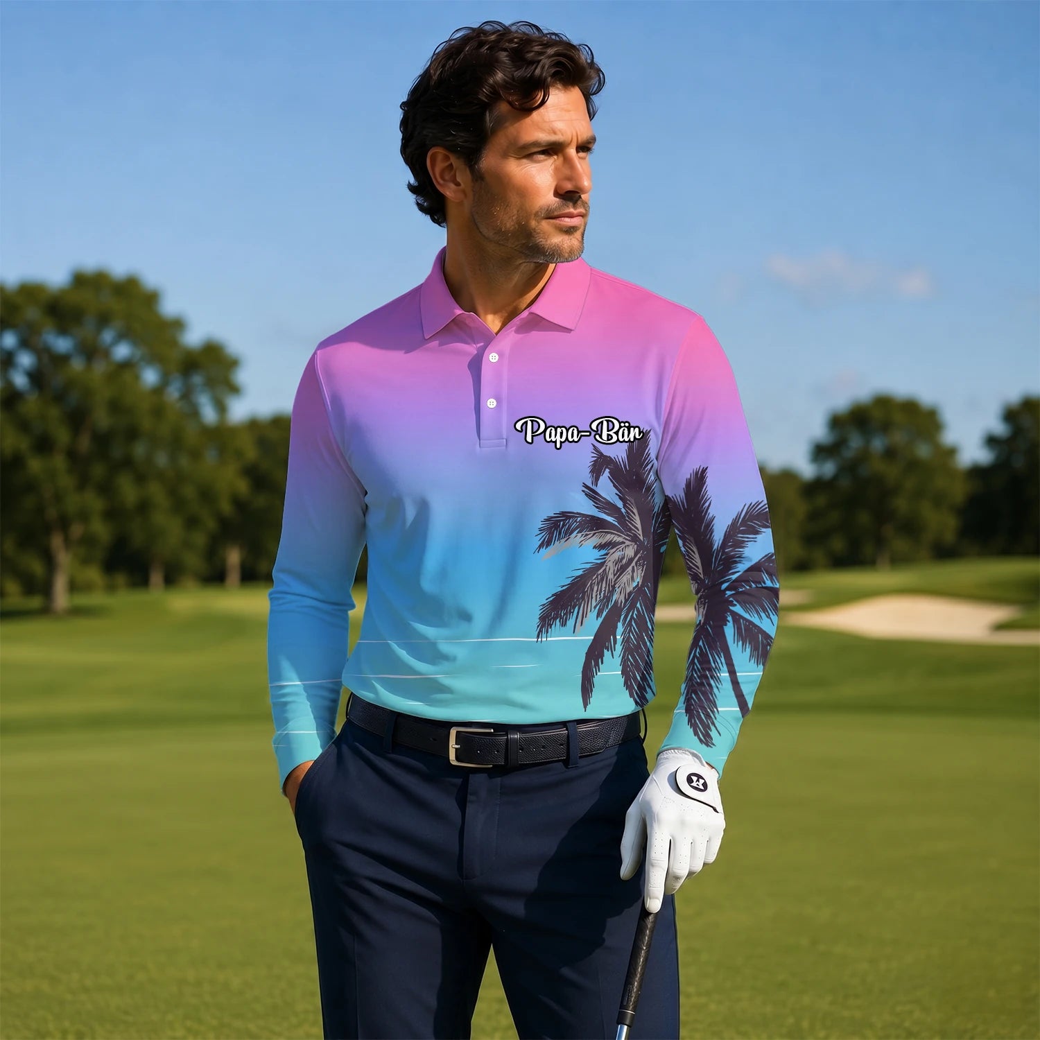 Personalisiertes Golf Poloshirt Rosa Blaues Palmen Strand Sonnenuntergang Design für Herren Q3519
