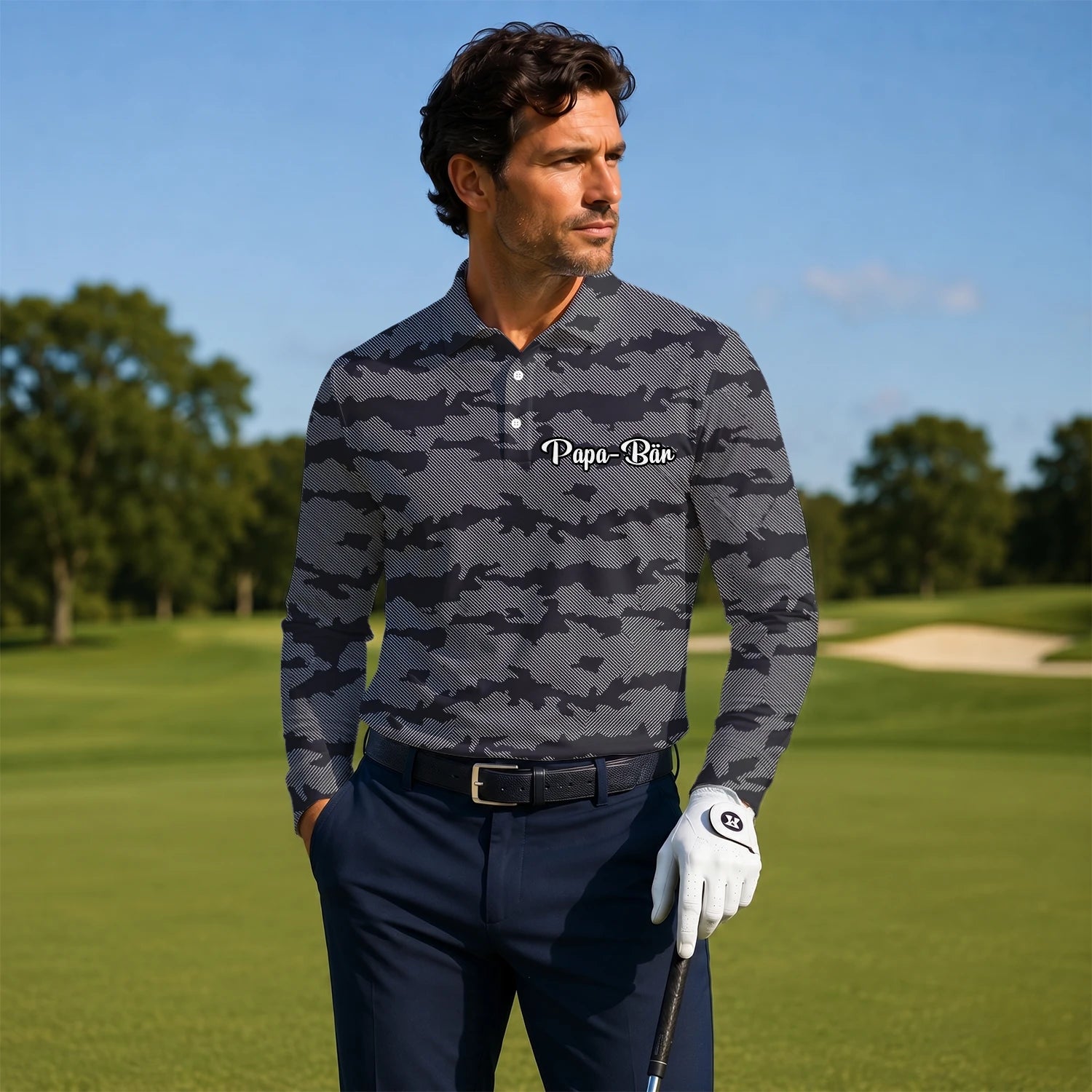 Personalisiertes Golf Poloshirt Grau Schwarzes Camo Design für Herren R8701