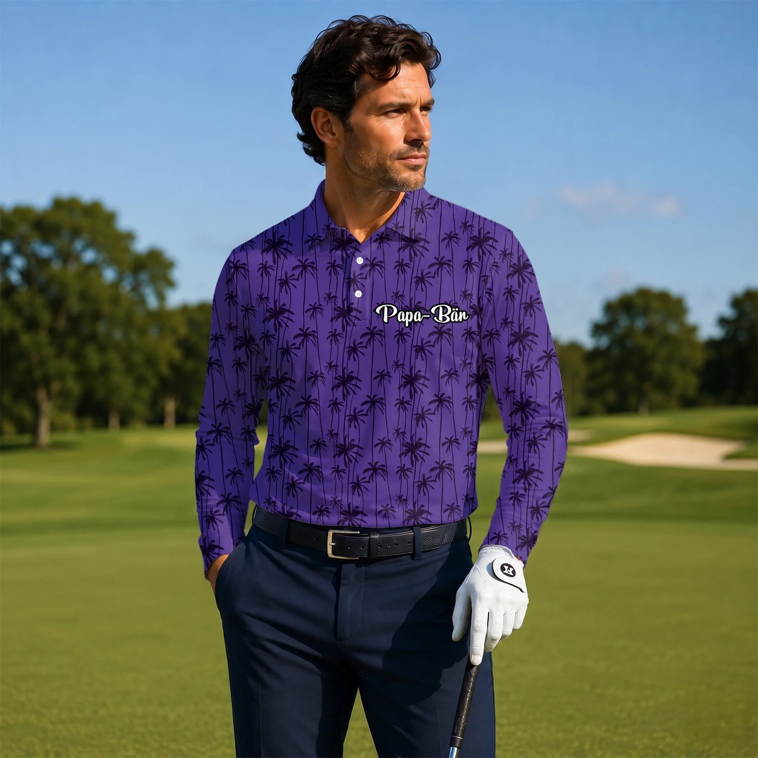 Personalisiertes Golf Poloshirt Lila Palmen Silhouetten Design für Herren P3247