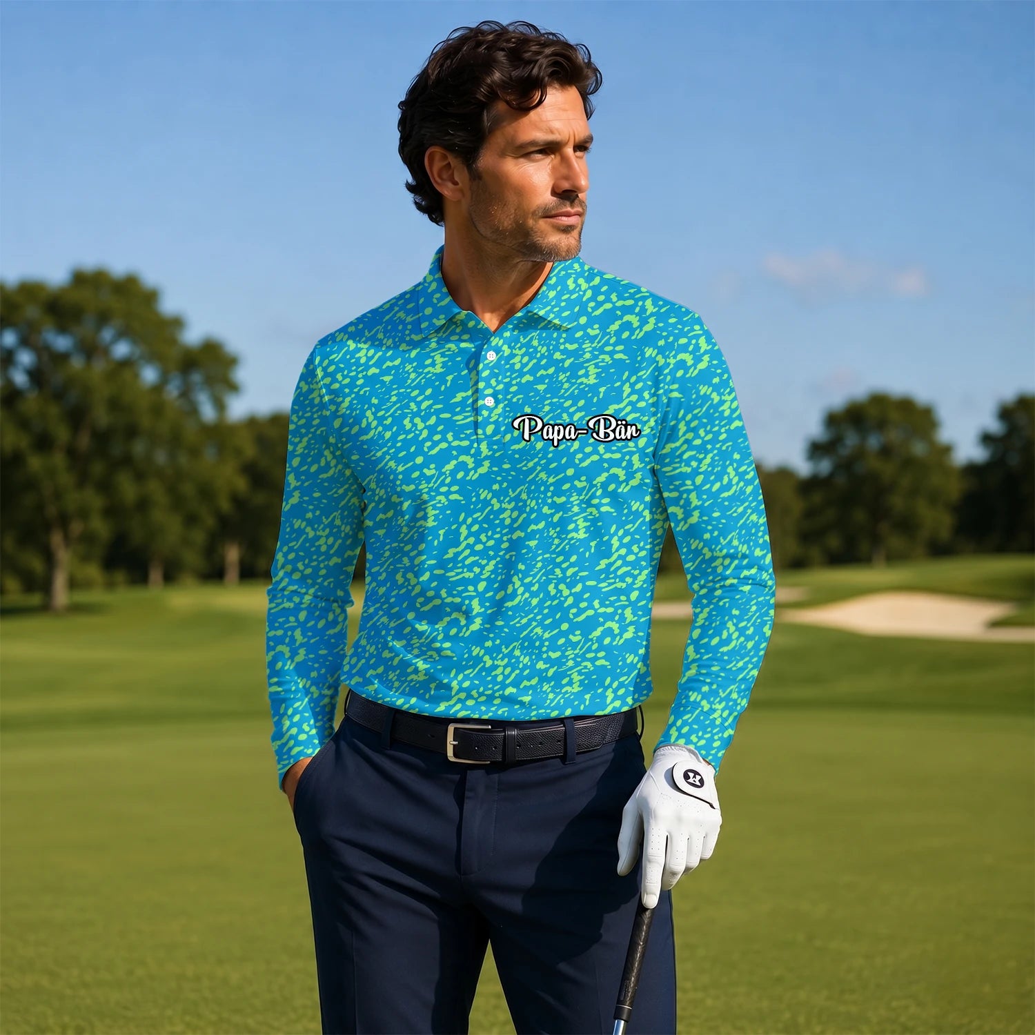 Personalisiertes Golf Poloshirt Türkis Limettengrünes Farbklecks Design für Herren G8287