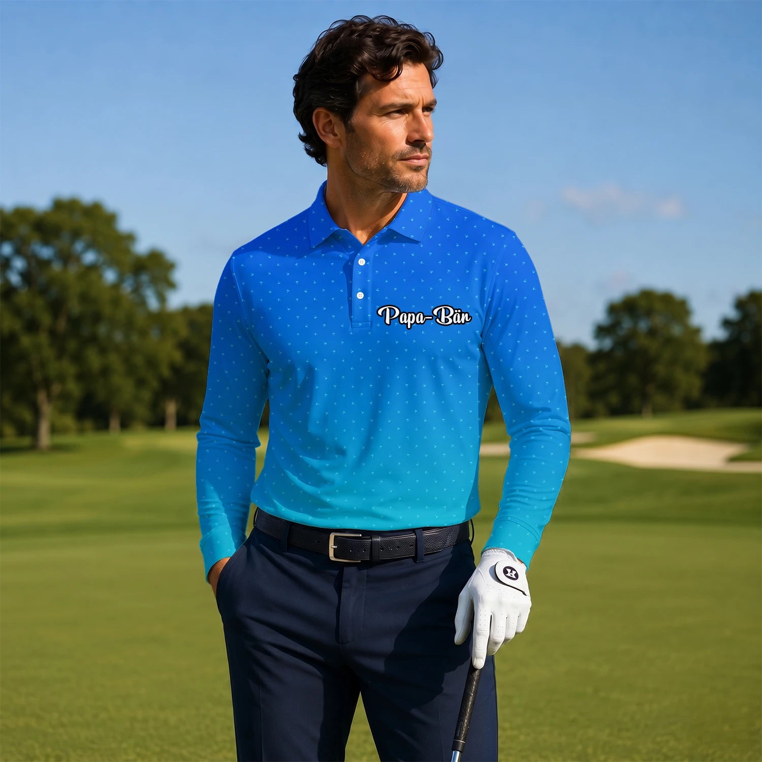 Personalisiertes Golf Poloshirt Blau Türkis Punkt Verlauf Design für Herren O2326