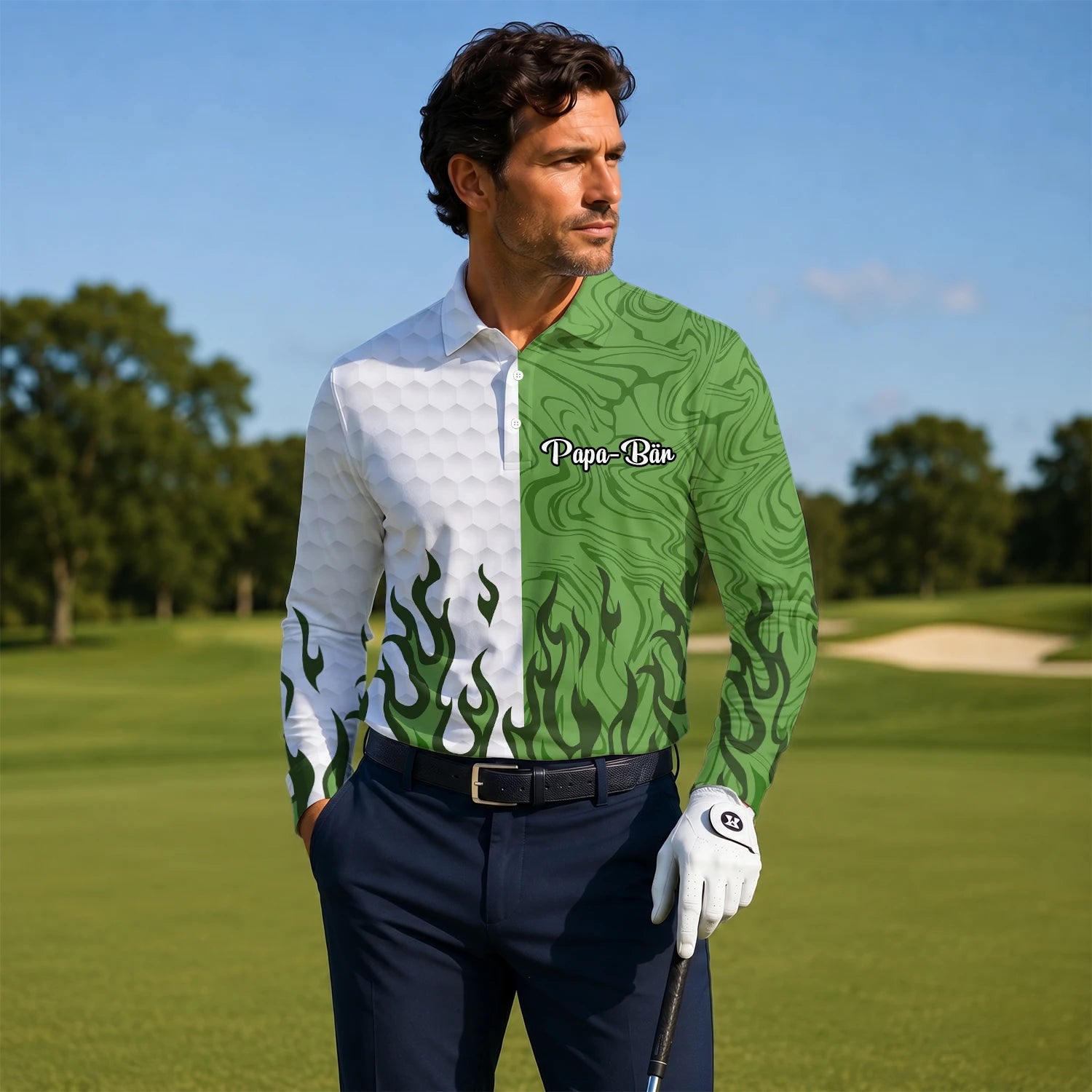 Personalisiertes Golf Poloshirt Weiß Grünes Flammen Marmor Design für Herren D2353