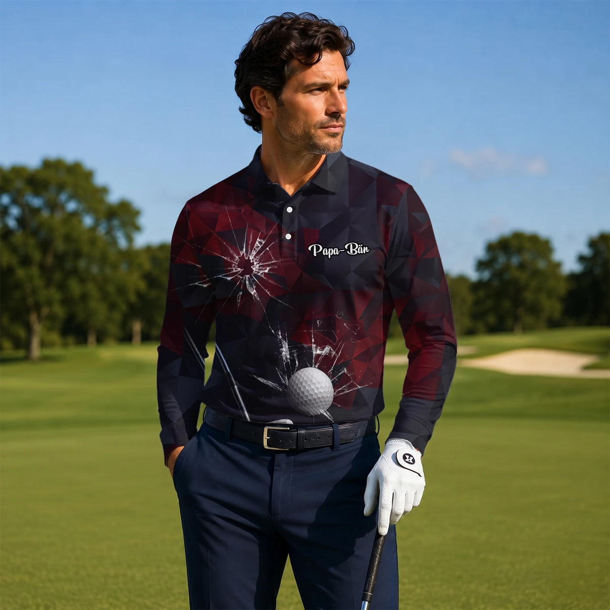 Personalisiertes Golf Poloshirt Schwarz Bordeaux Golfball Glassplitter Design für Herren R4354