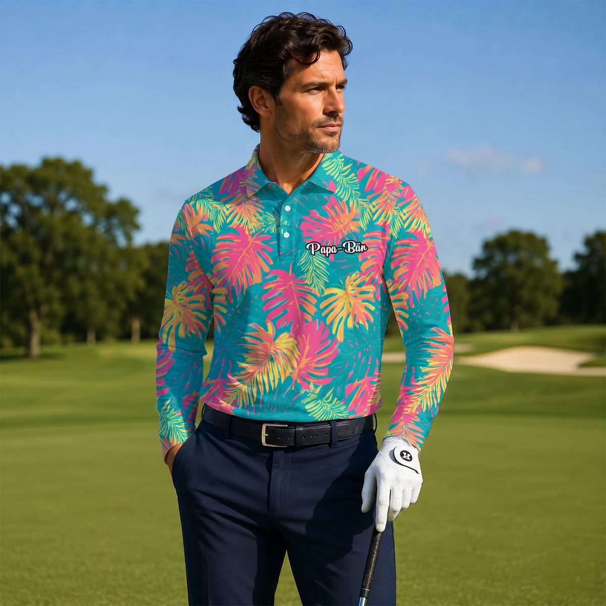 Personalisiertes Golf Poloshirt Türkis Korallenrotes Tropisches Blätter Design für Herren H8937