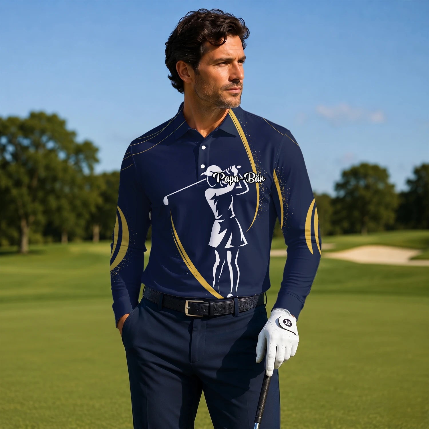Personalisiertes Golf Poloshirt Marineblau Goldenes Golfer Silhouetten Design für Herren K0906