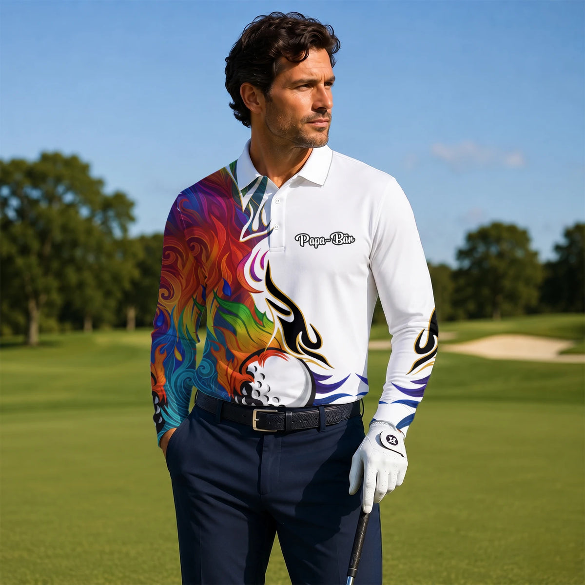Personalisiertes Golf Poloshirt Weißes Regenbogen Flammen Golfball Design für Herren P6012