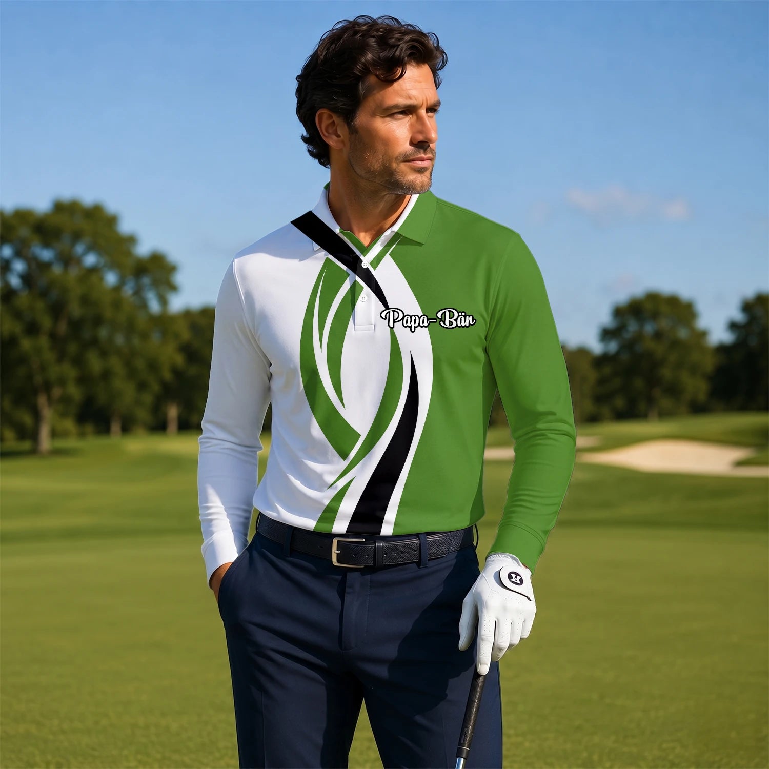 Personalisiertes Golf Poloshirt Weiß Grün Schwarzes Abstraktes Wellen Design für Herren P7352