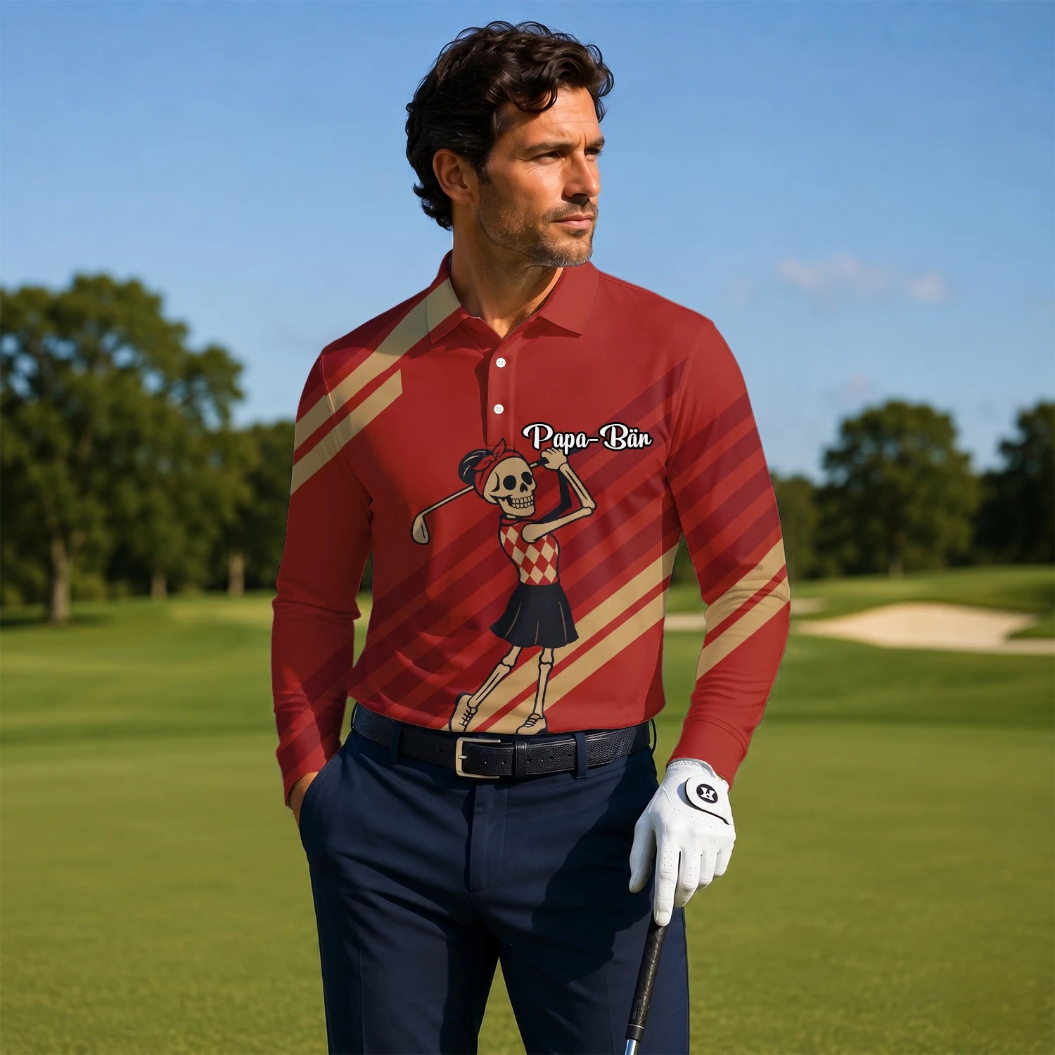 Personalisiertes Golf Poloshirt Rotes Skelett Golfer Cartoon Design für Herren Y0970