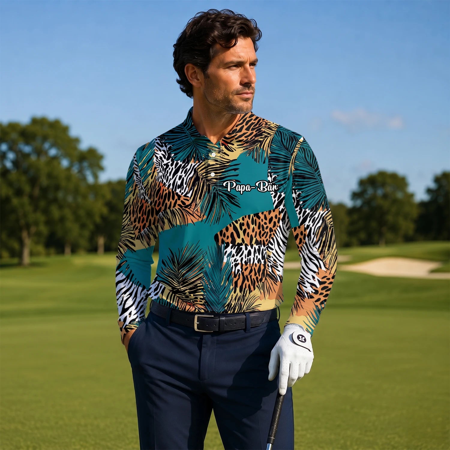 Personalisiertes Golf Poloshirt Türkis Orange Tropisches Palmen Animal Print Design für Herren A7122