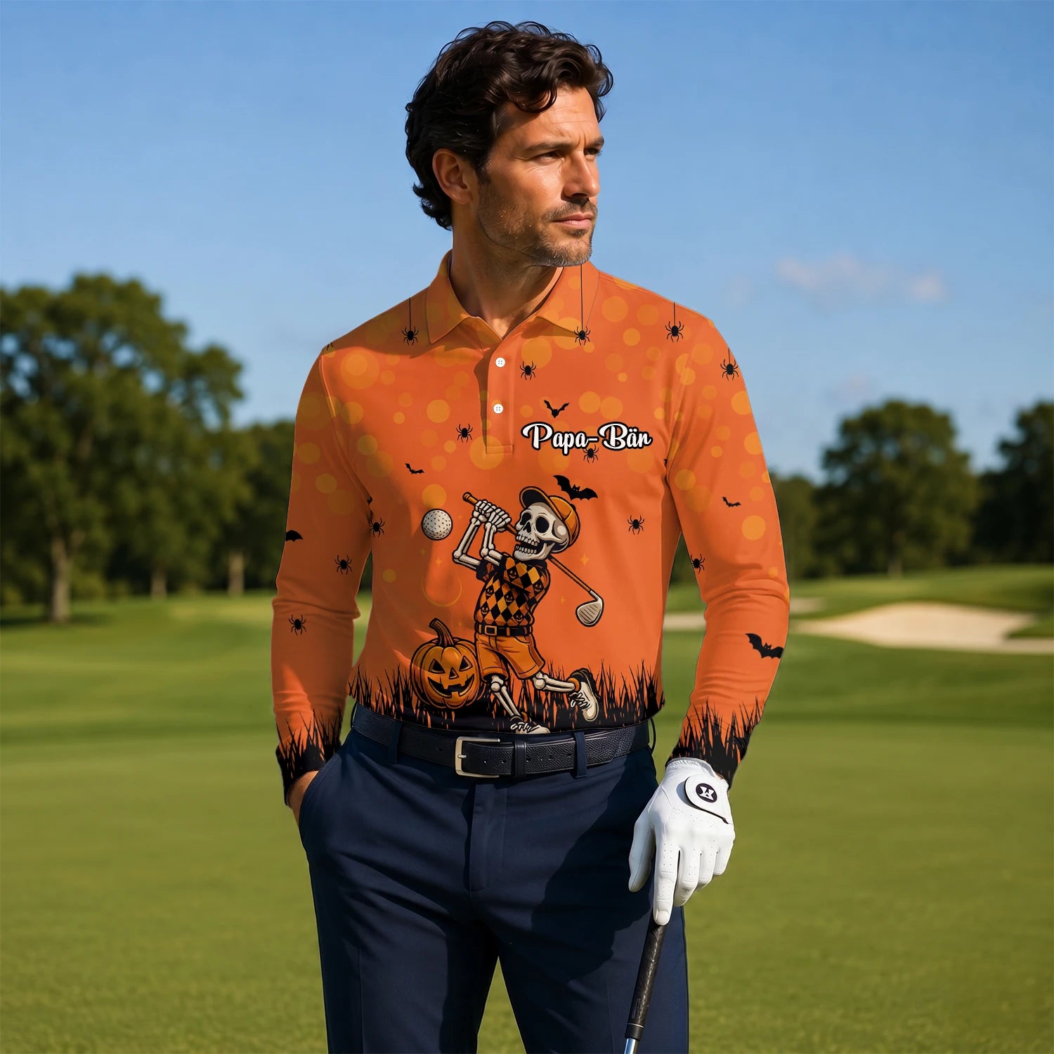 Personalisiertes Golf Poloshirt Orange Halloween Skelett Golfer Design für Herren D3851