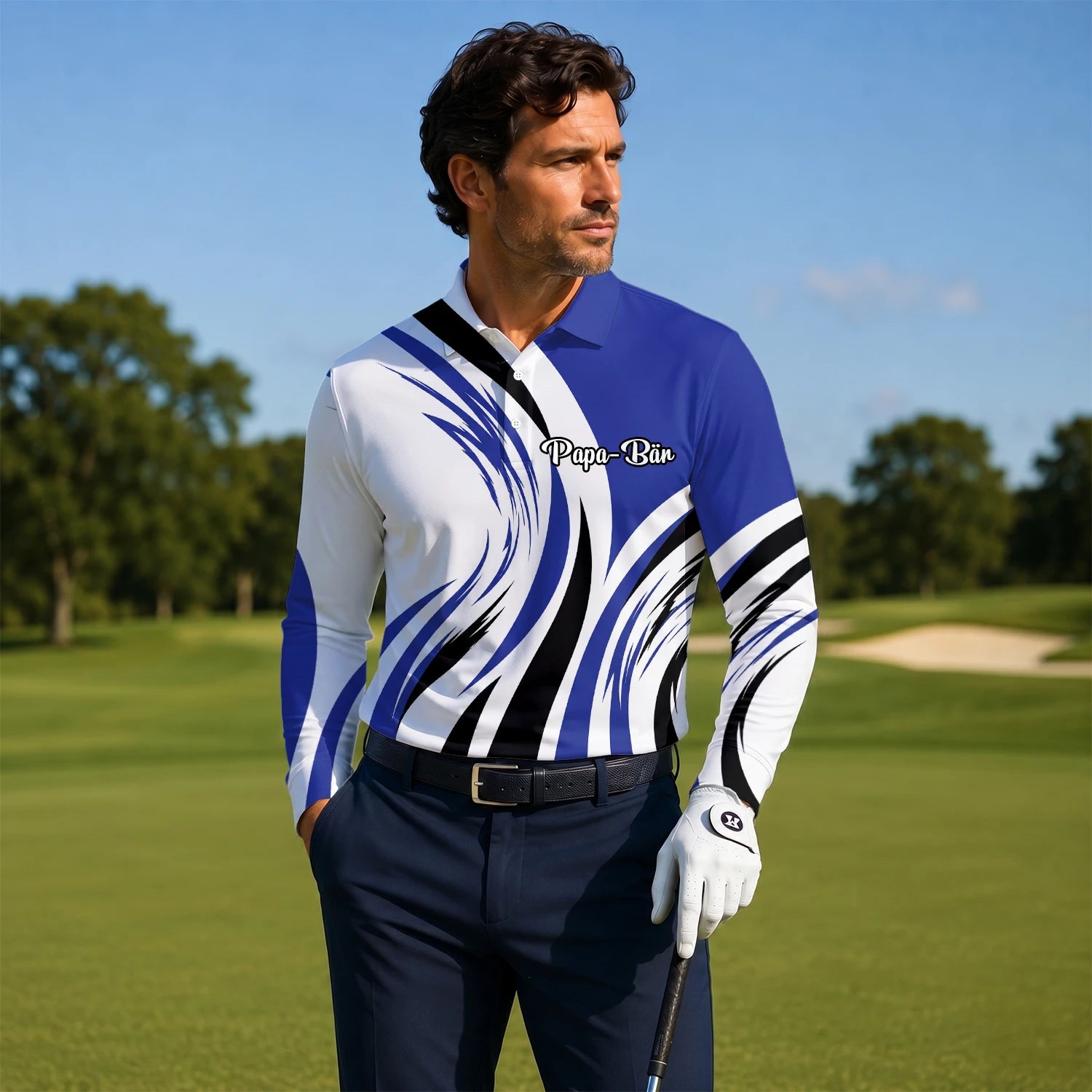 Personalisiertes Golf Poloshirt Weiß Blau Schwarzes Abstraktes Wellen Design für Herren V7849