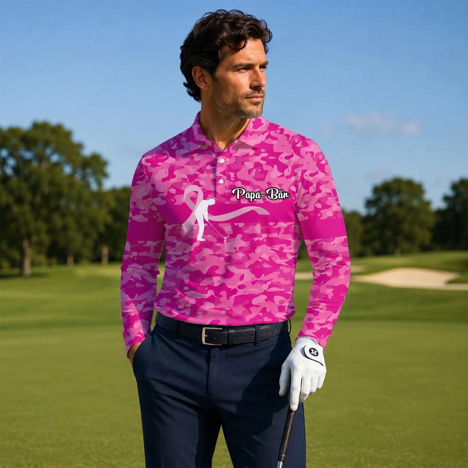 Personalisiertes Golf Poloshirt Rosa Camo Brustkrebs Awareness Schleifen Golfer Design für Herren Z3179