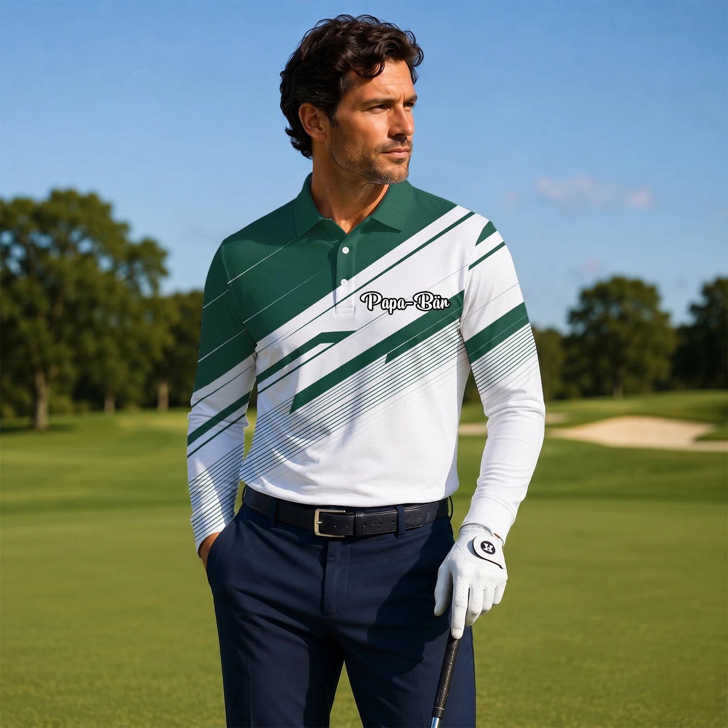 Personalisiertes Golf Poloshirt Grün Weißes Abstraktes Streifen Design für Herren E5041