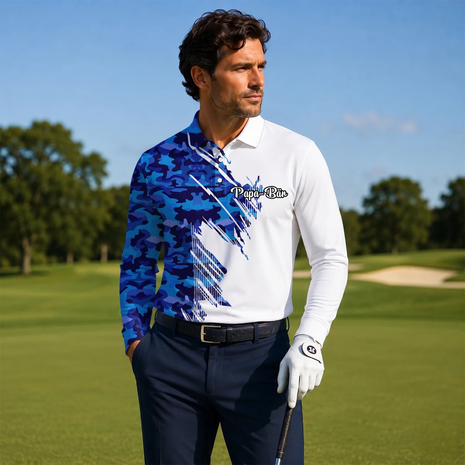 Personalisiertes Golf Poloshirt Weiß Blaues Camo Pinselstrich Design für Herren M3845