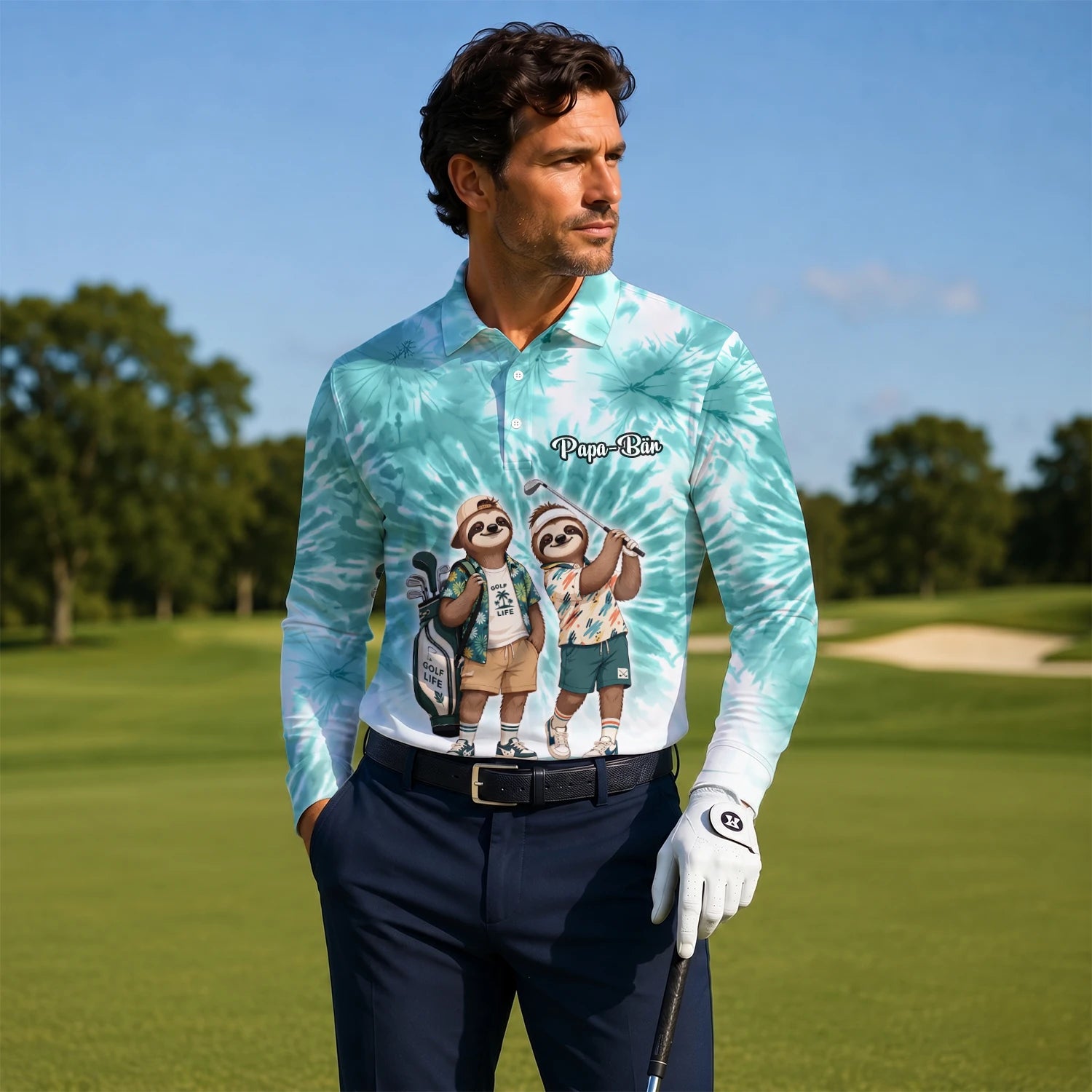 Personalisiertes Golf Poloshirt Türkis Faultier Golfer Cartoon Design für Herren C1614