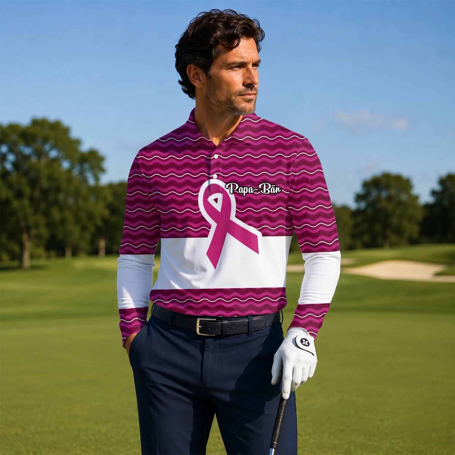 Personalisiertes Golf Poloshirt Rosa Brustkrebs Awareness Schleifen Wellen Design für Herren B1640