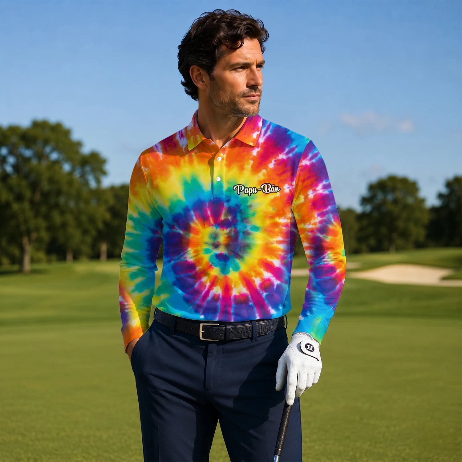 Personalisiertes Golf Poloshirt mit Regenbogen-Batik-Spirale für Herren S4610