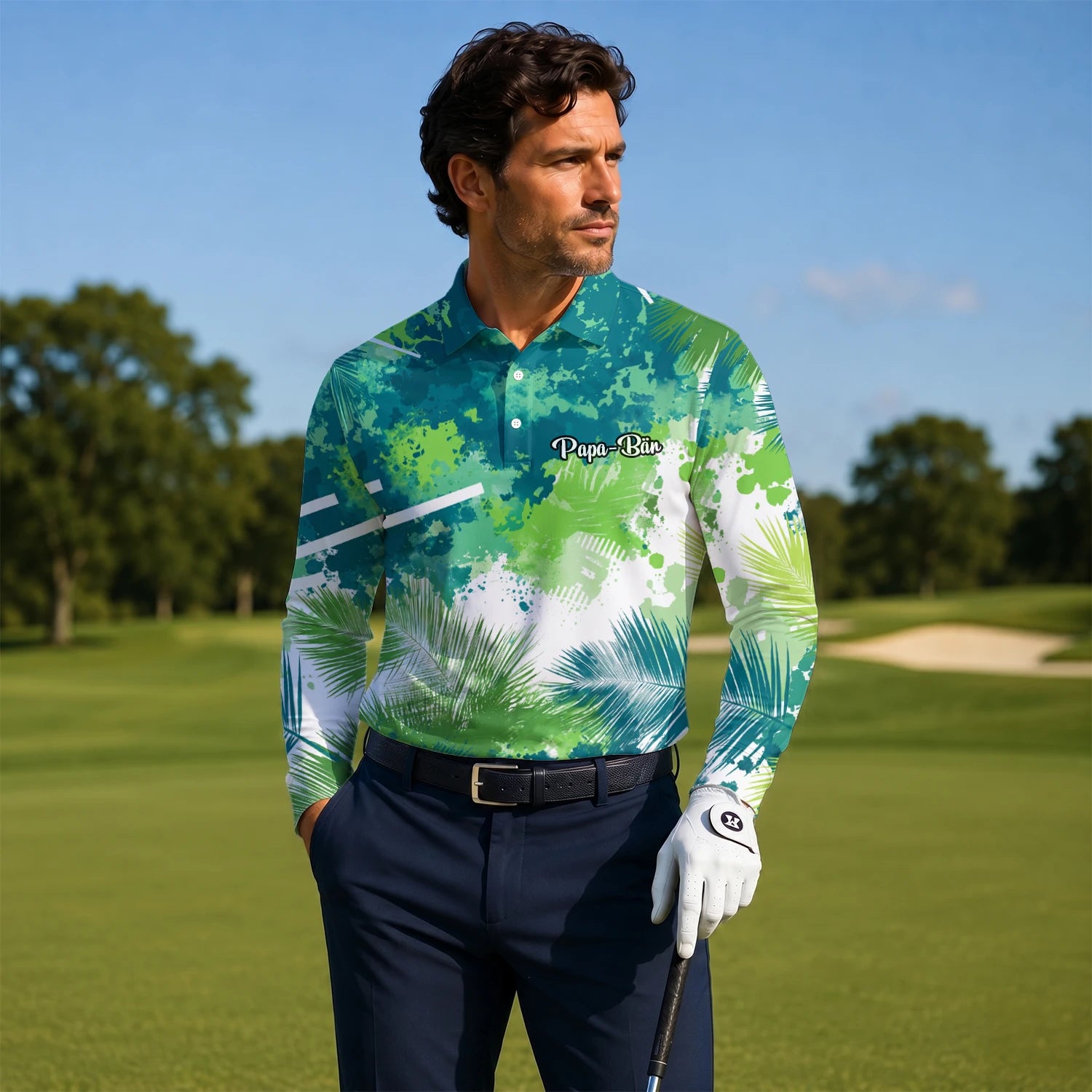 Personalisiertes Golf Poloshirt Grün Blaues Tropisches Blätter Farbklecks Design für Herren B7869